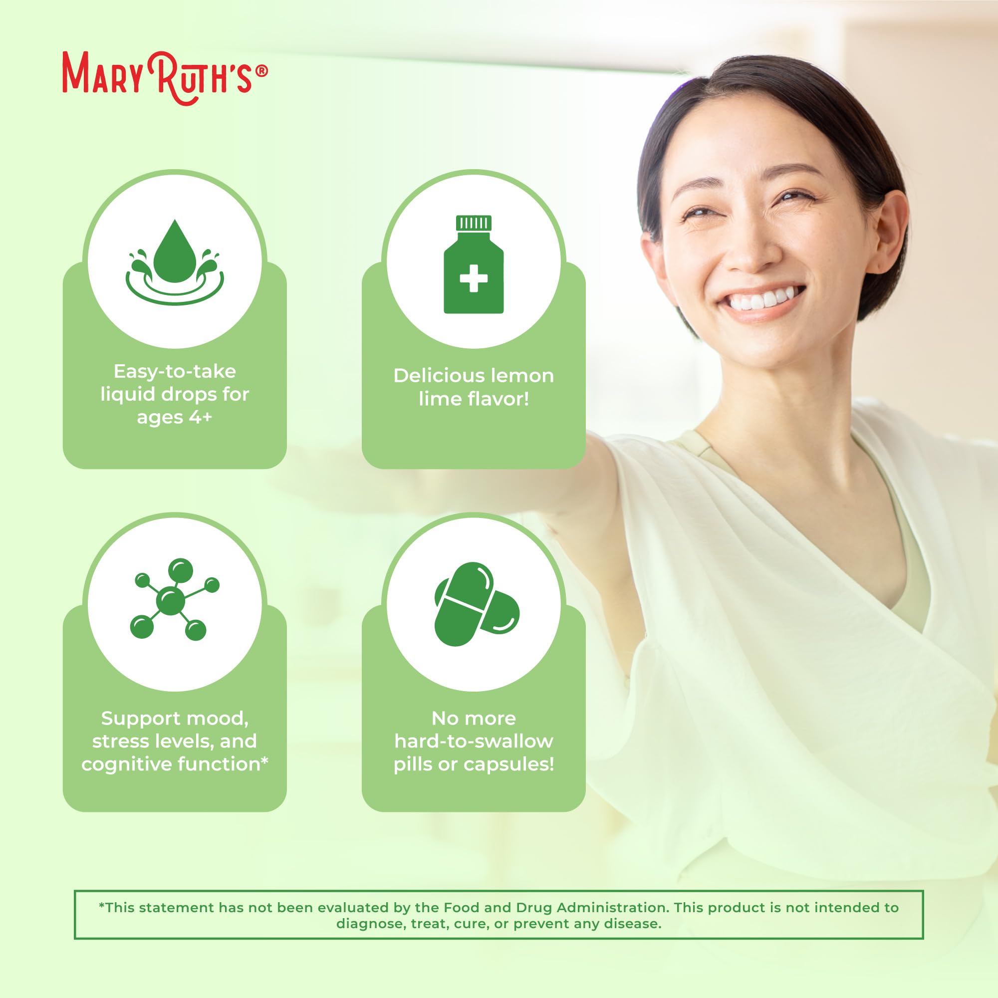 Kid-friendly MaryRuth's L-Theanine drops shown for younger users.