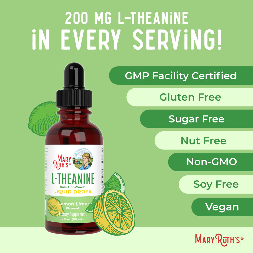 Lemon-lime flavor on the MaryRuth's L-Theanine bottle highlighting taste appeal.