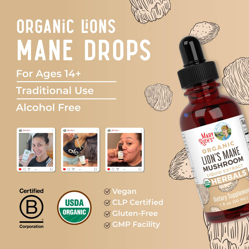 MaryRuth's Lions Mane alcohol-free tincture supports clean supplementation