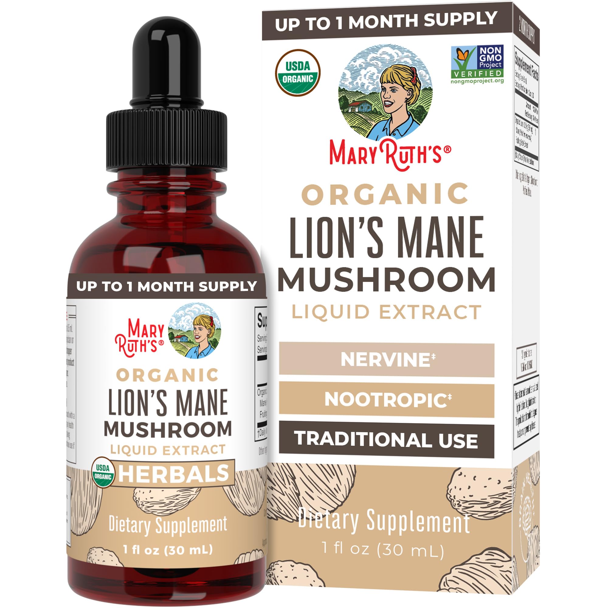 MaryRuth's Lions Mane liquid bottle for on-the-go cognitive support