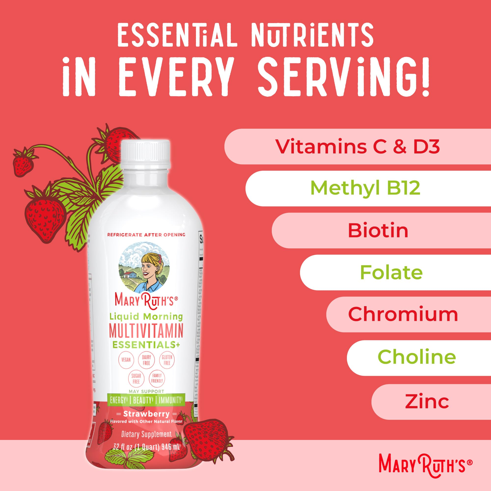 MaryRuth's Essentials+ refrigerator-friendly open-bottle note on label