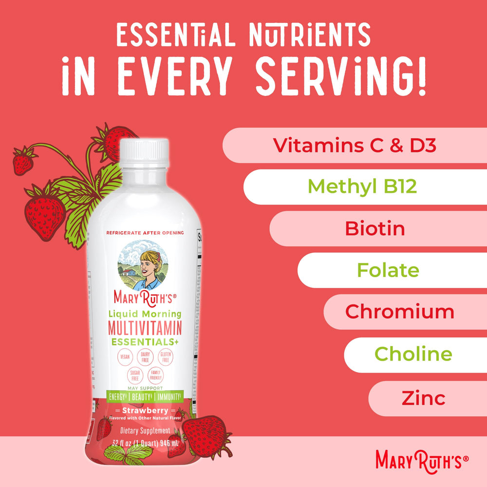 MaryRuth's Essentials+ refrigerator-friendly open-bottle note on label