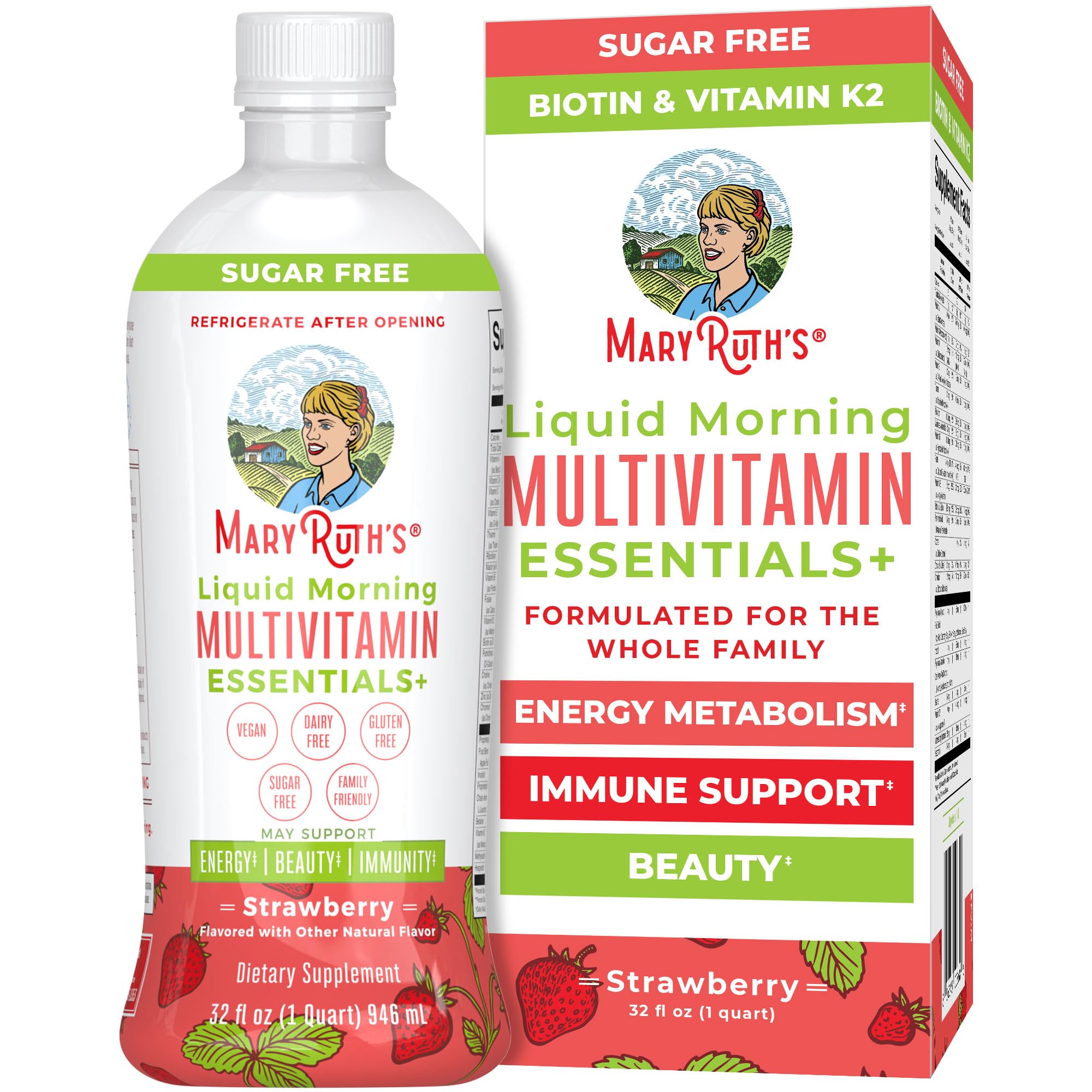 MaryRuth's Liquid Morning Multivitamin Essentials+ bottle on a kitchen counter for daily immune support