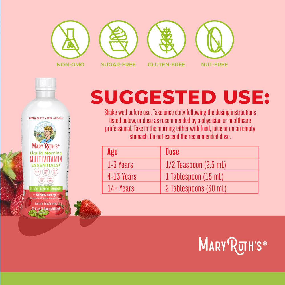 MaryRuth's Liquid Morning Multivitamin Essentials+ strawberry flavor glass ready to mix