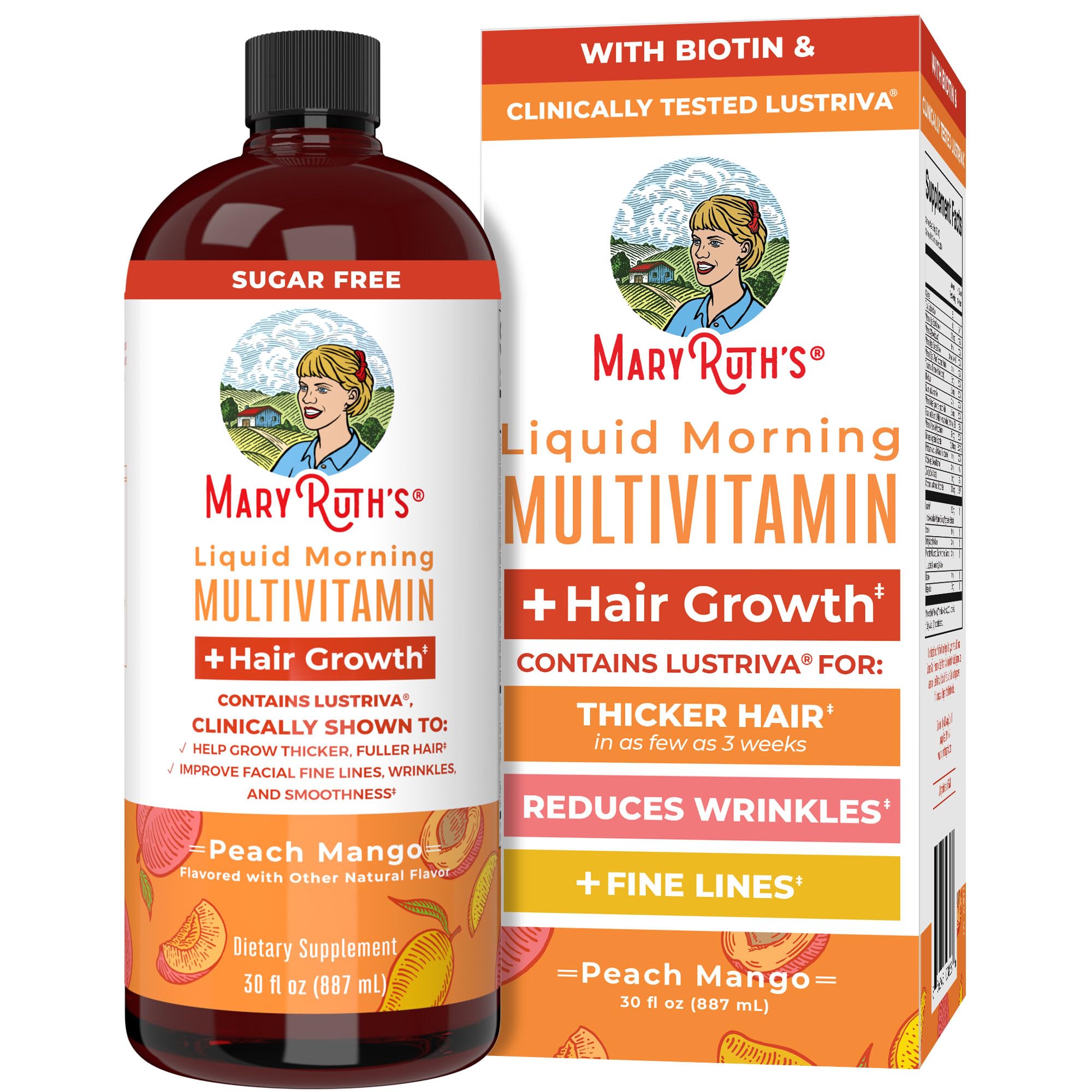 MARYRUTH'S Liquid Multivitamin Hair Growth bottle shows Lustriva for thicker hair potential.