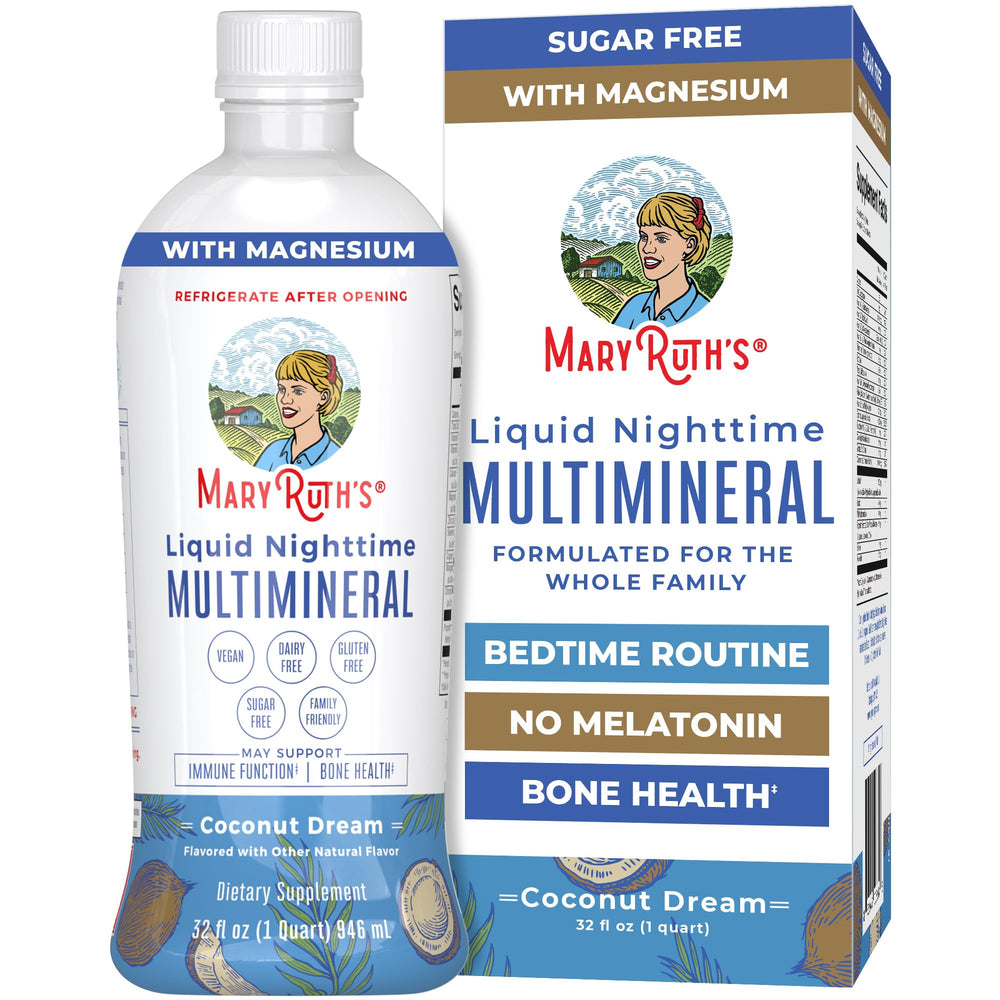 MaryRuth's Liquid Nighttime Multimineral bottle close-up supports a calm bedtime routine.