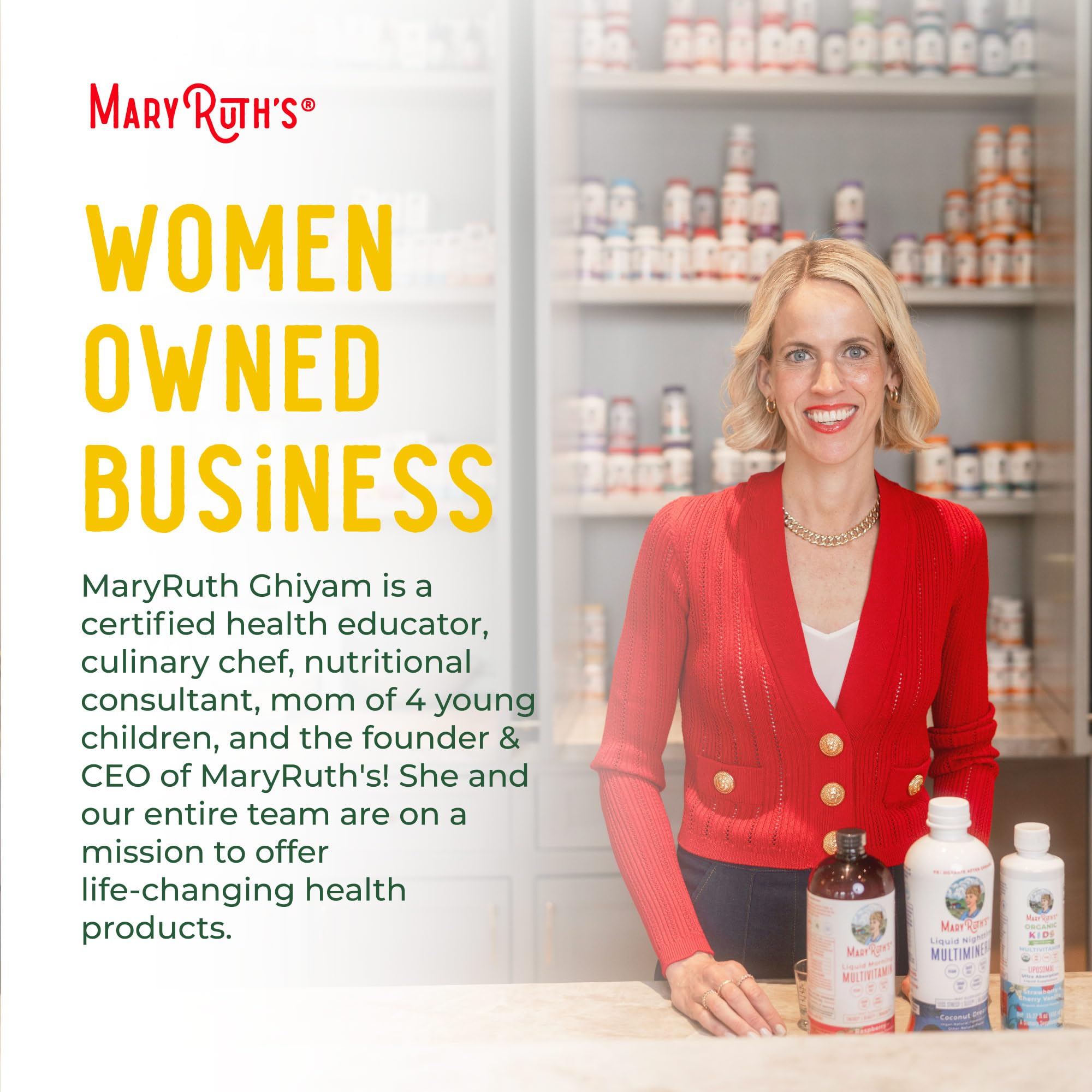 MaryRuth's bottle label showcases vegan, gluten-free, sugar-free certifications