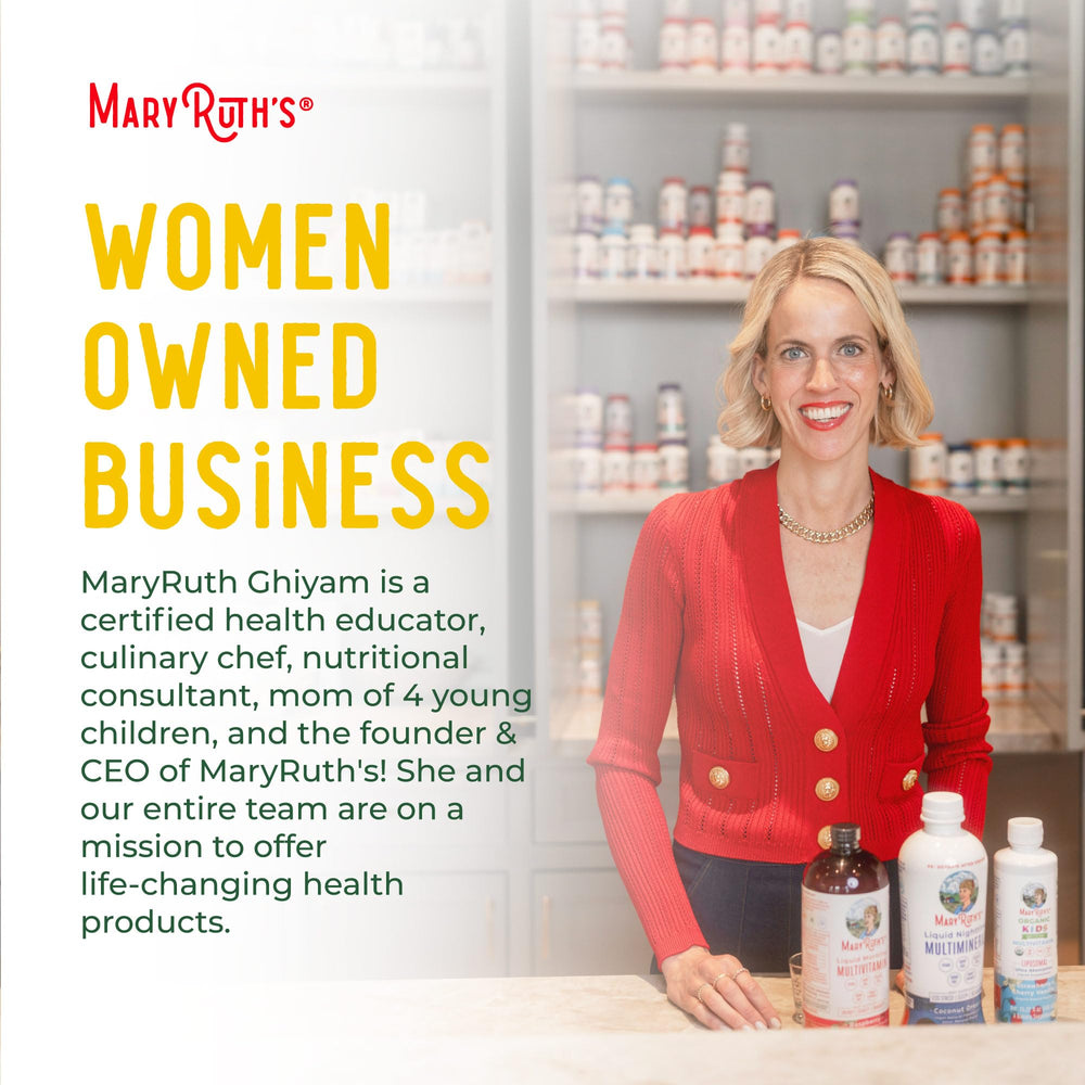 MaryRuth's bottle label showcases vegan, gluten-free, sugar-free certifications