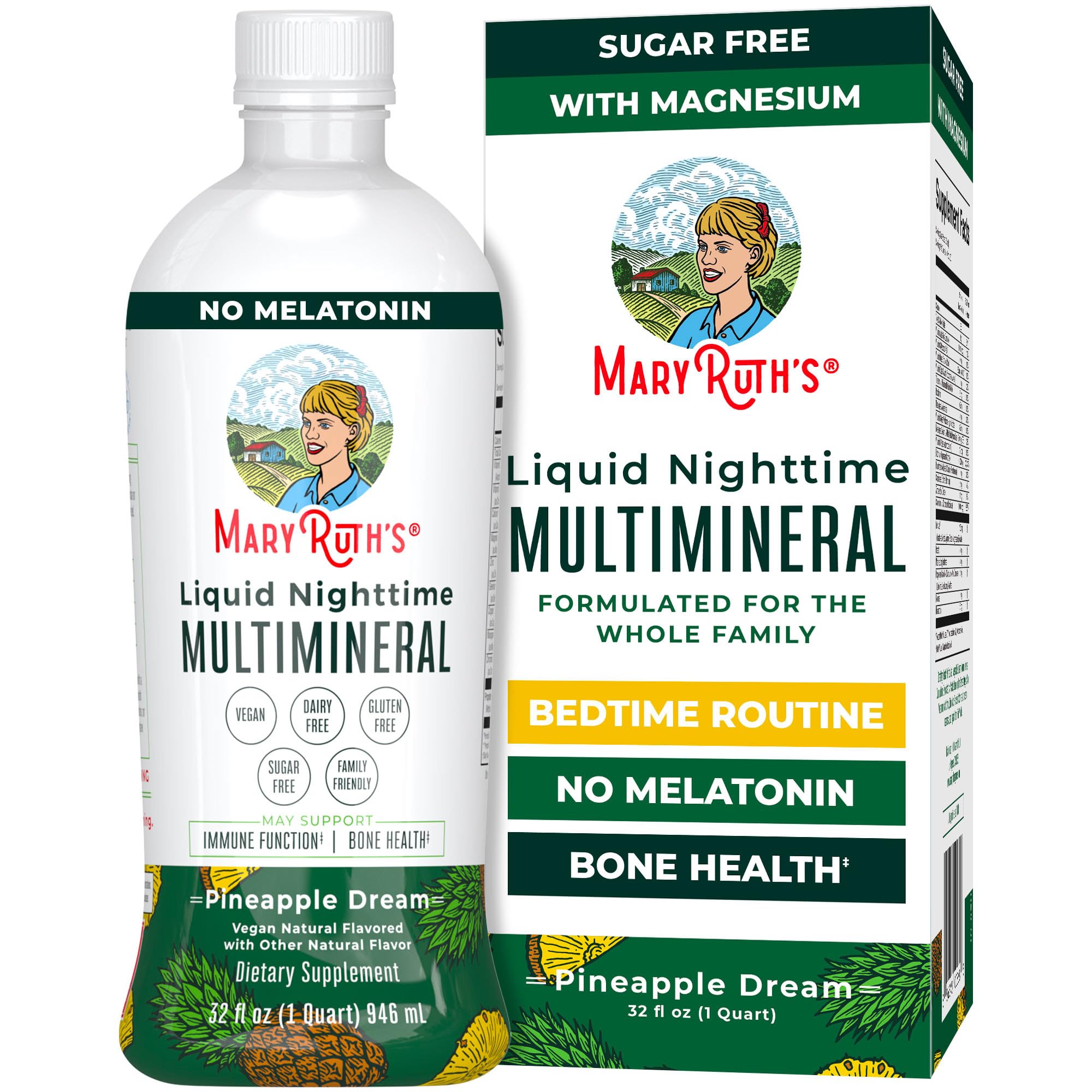 MaryRuth's Liquid Nighttime Multimineral bottle being poured for a calm bedtime routine