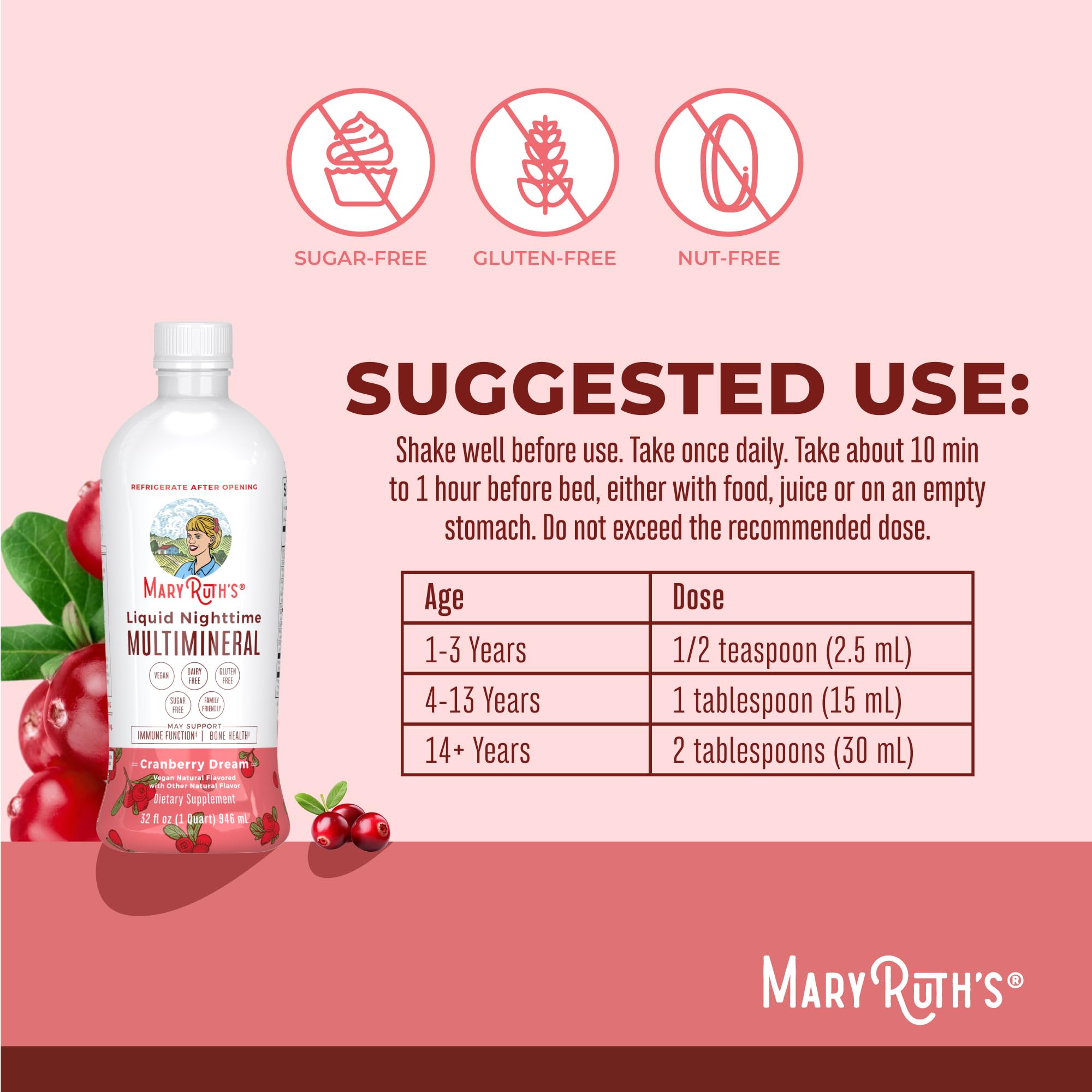 MaryRuth's Coconut flavor Nighttime Multimineral served with a glass supports nightly mineral intake
