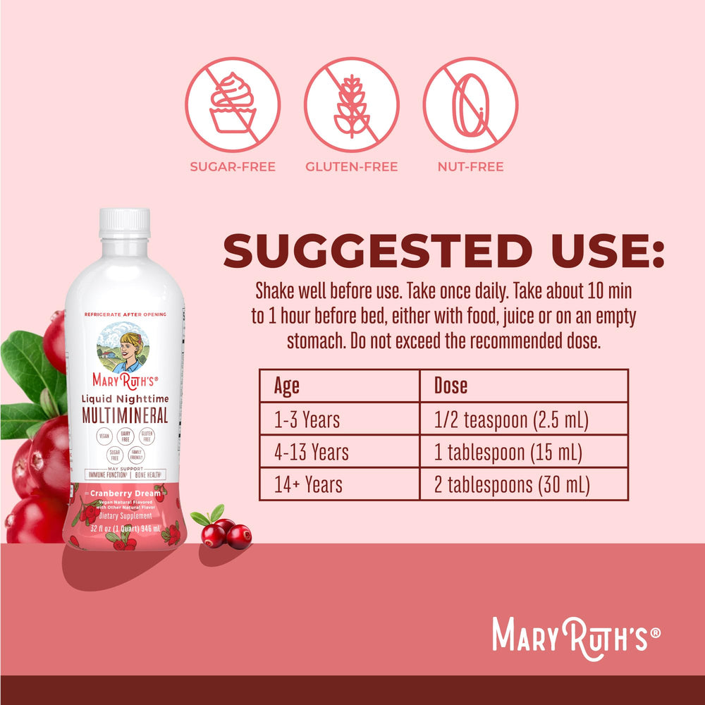 MaryRuth's Coconut flavor Nighttime Multimineral served with a glass supports nightly mineral intake
