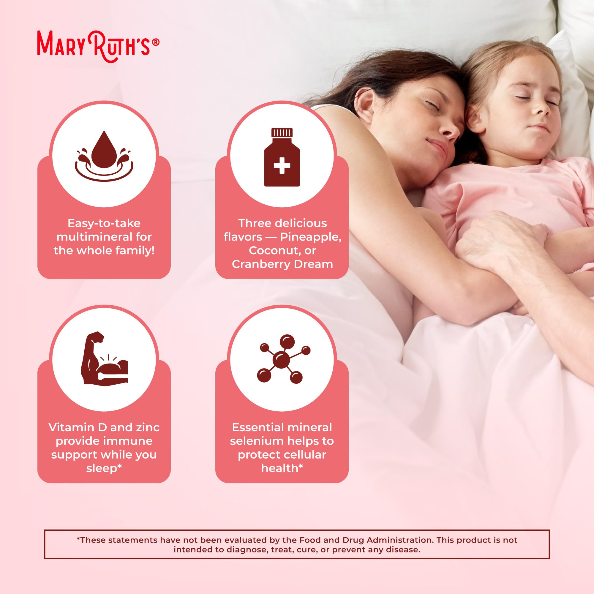 MaryRuth's Liquid Nighttime Multimineral label close-up highlighting ingredients and certifications