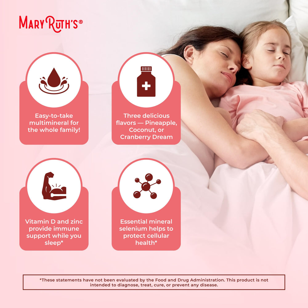 MaryRuth's Liquid Nighttime Multimineral label close-up highlighting ingredients and certifications