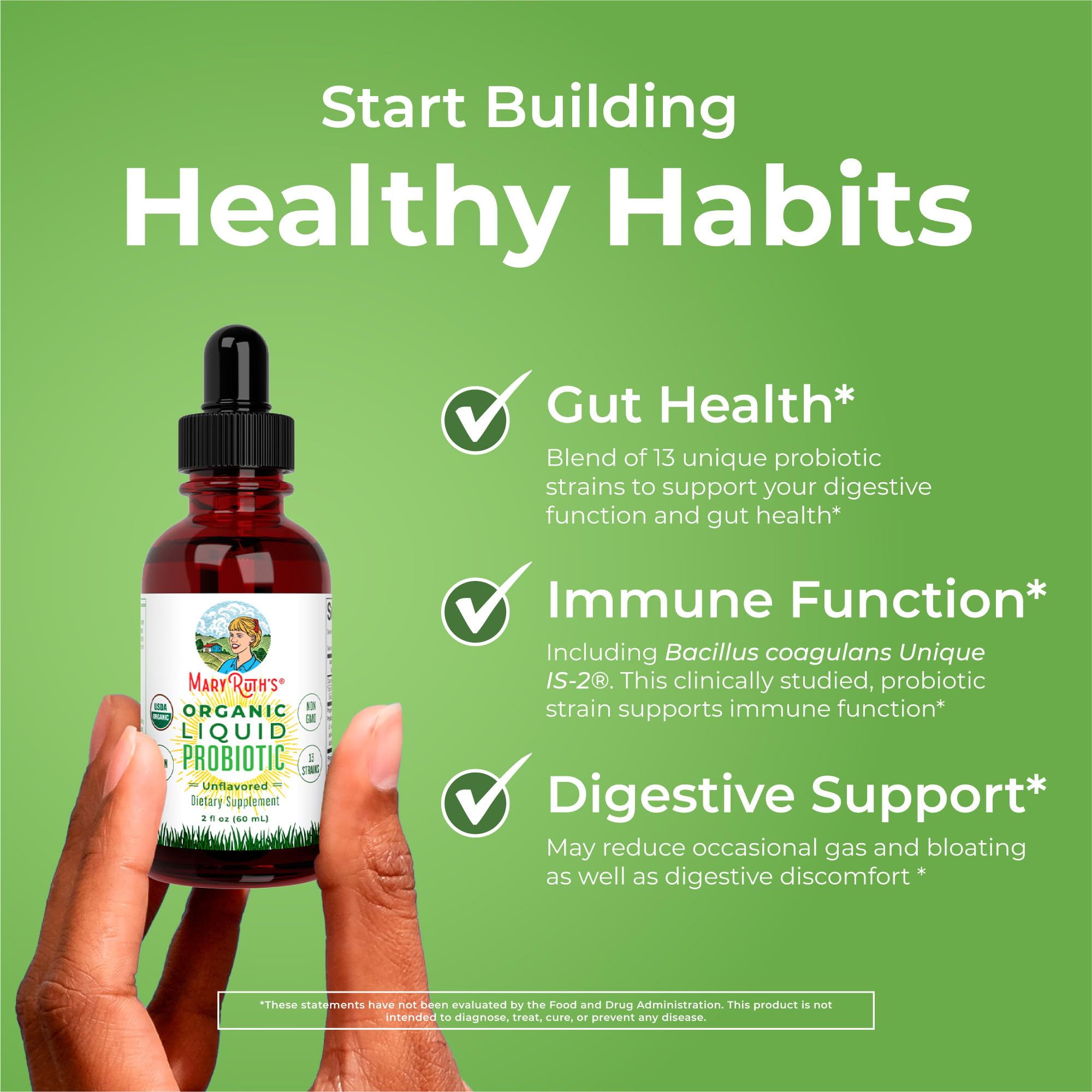 MaryRuth's Liquid Probiotic 13 strains badge highlights broad digestive support