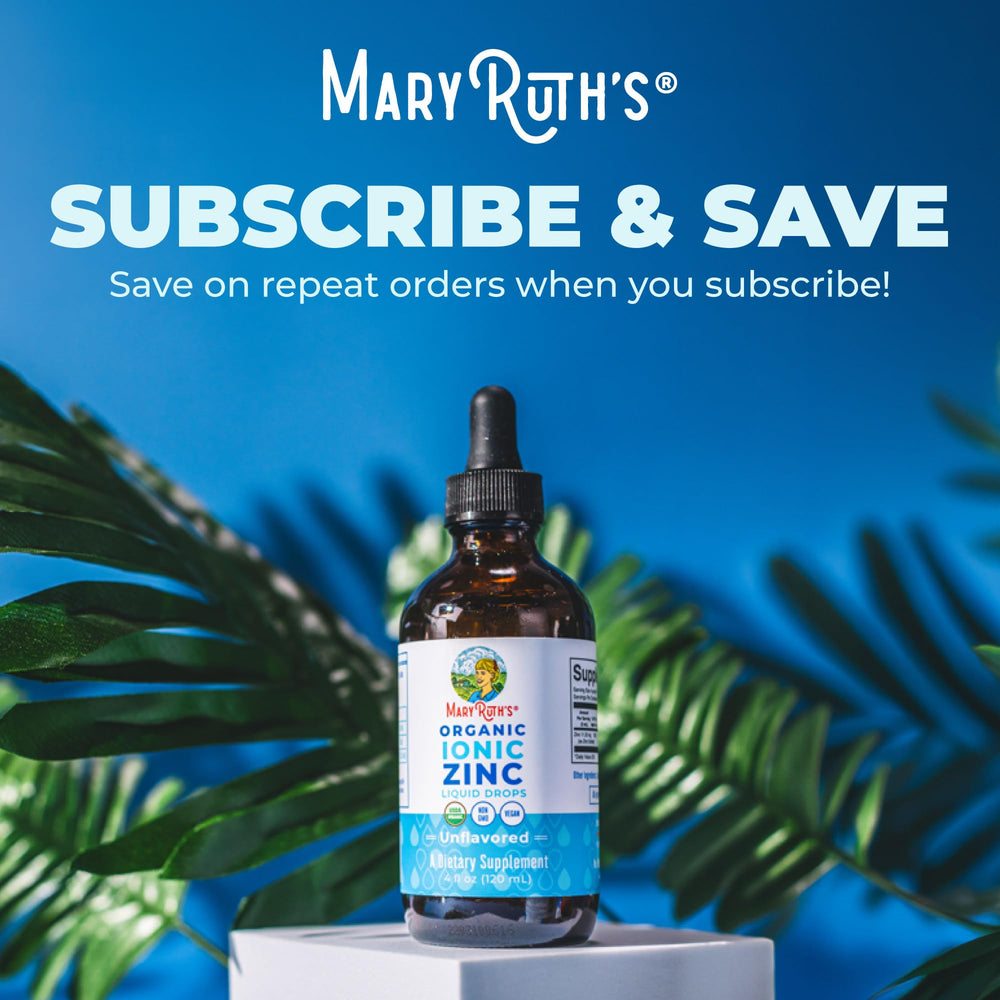 USDA Organic and clean-label branding on the MaryRuth's zinc bottle.