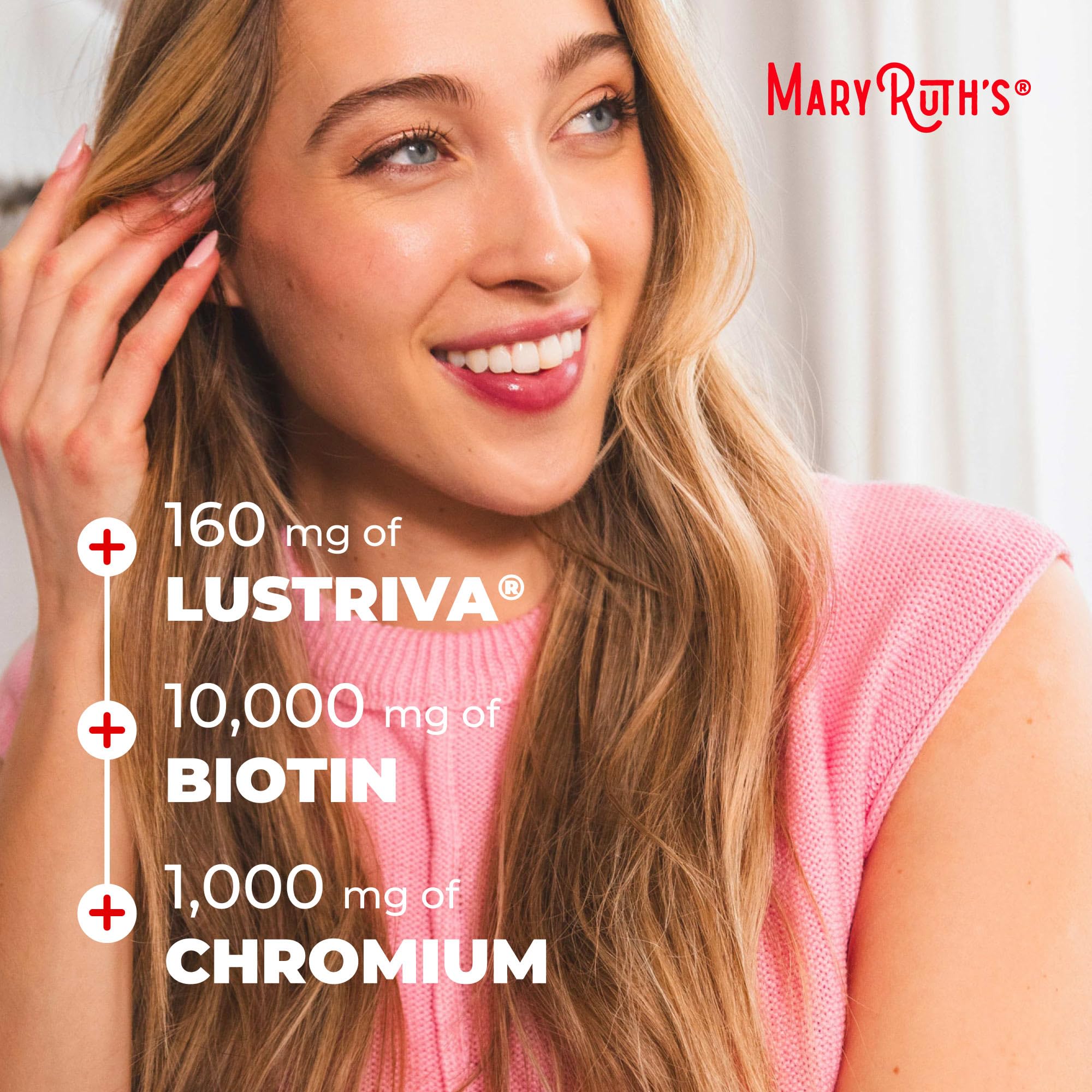 MARYRUTH'S Liquid Multivitamin with Lustriva highlighted as a key hair growth component.