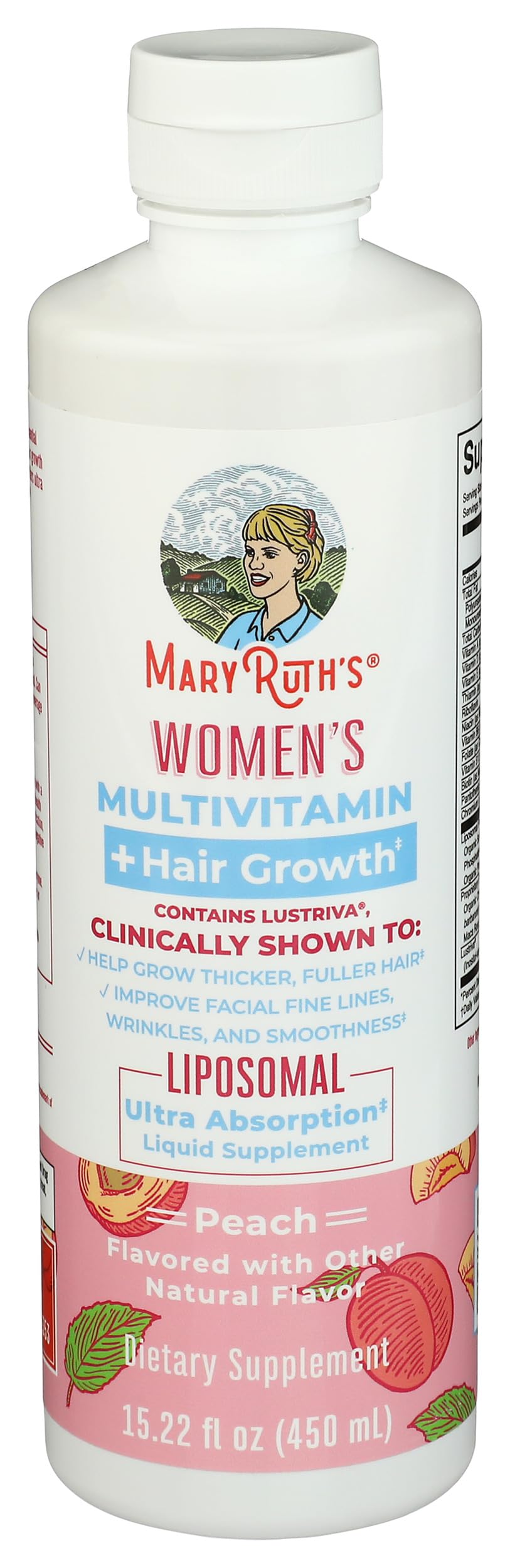 MaryRuth's Lustriva Liposomal bottle beside glass for daily dosage.