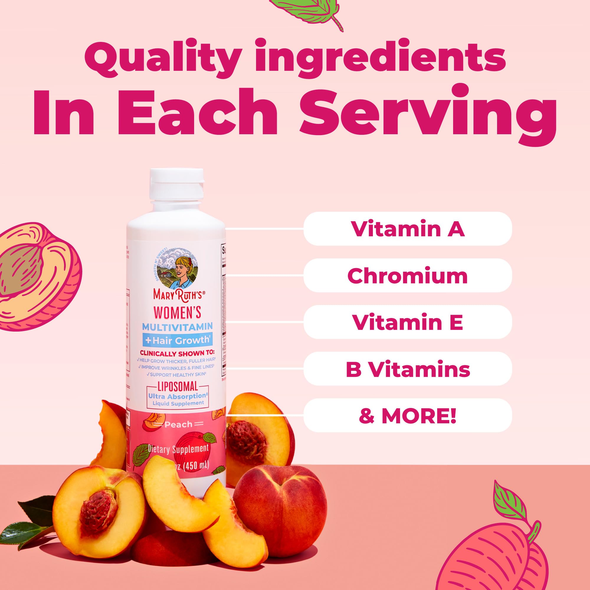 MaryRuth's Lustriva liposomal bottle with peach label for flavor appeal.