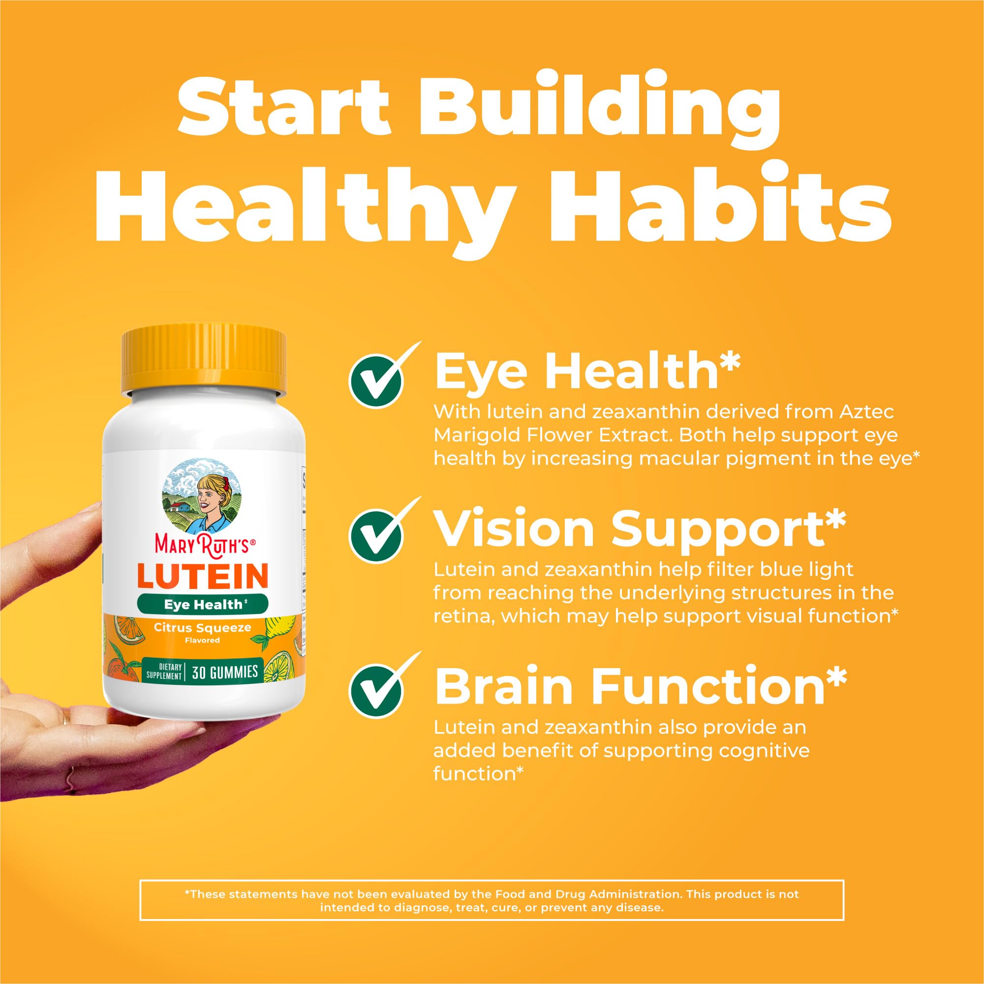 MaryRuth's Lutein Gummies 60-count label showing long-term daily eye support.