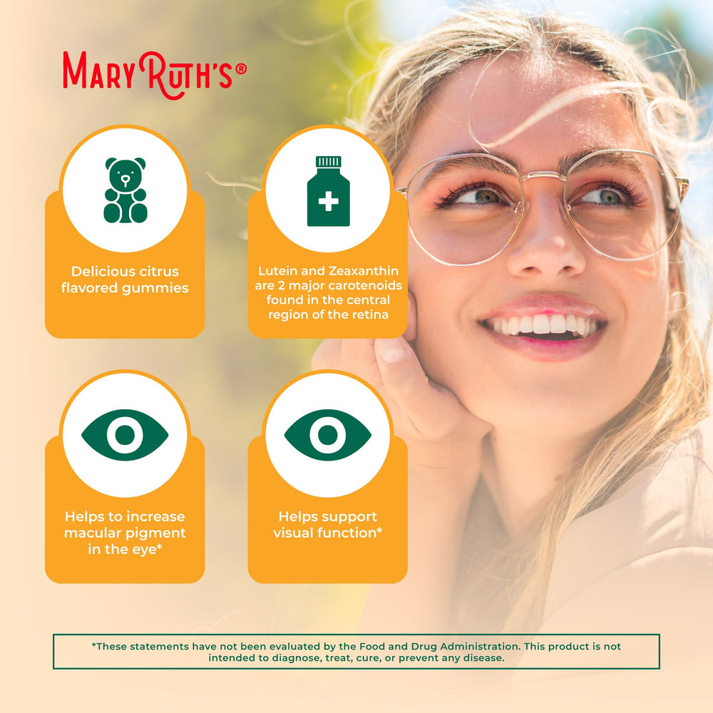 MaryRuth's Lutein Gummies display confirms dairy-free, gluten-free, allergen-friendly formula.