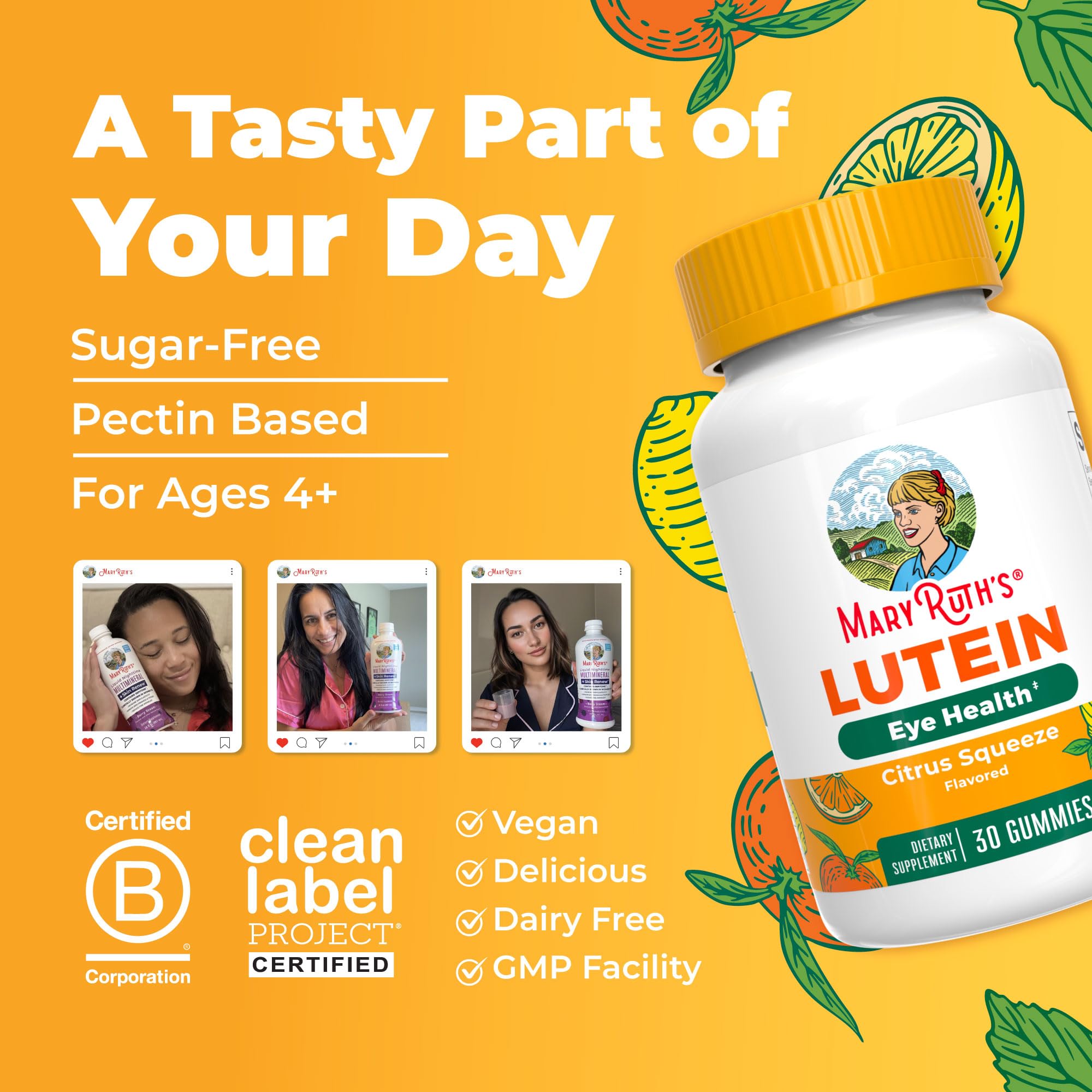 MaryRuth's Lutein Gummies label highlights non-GMO and vegan certifications.