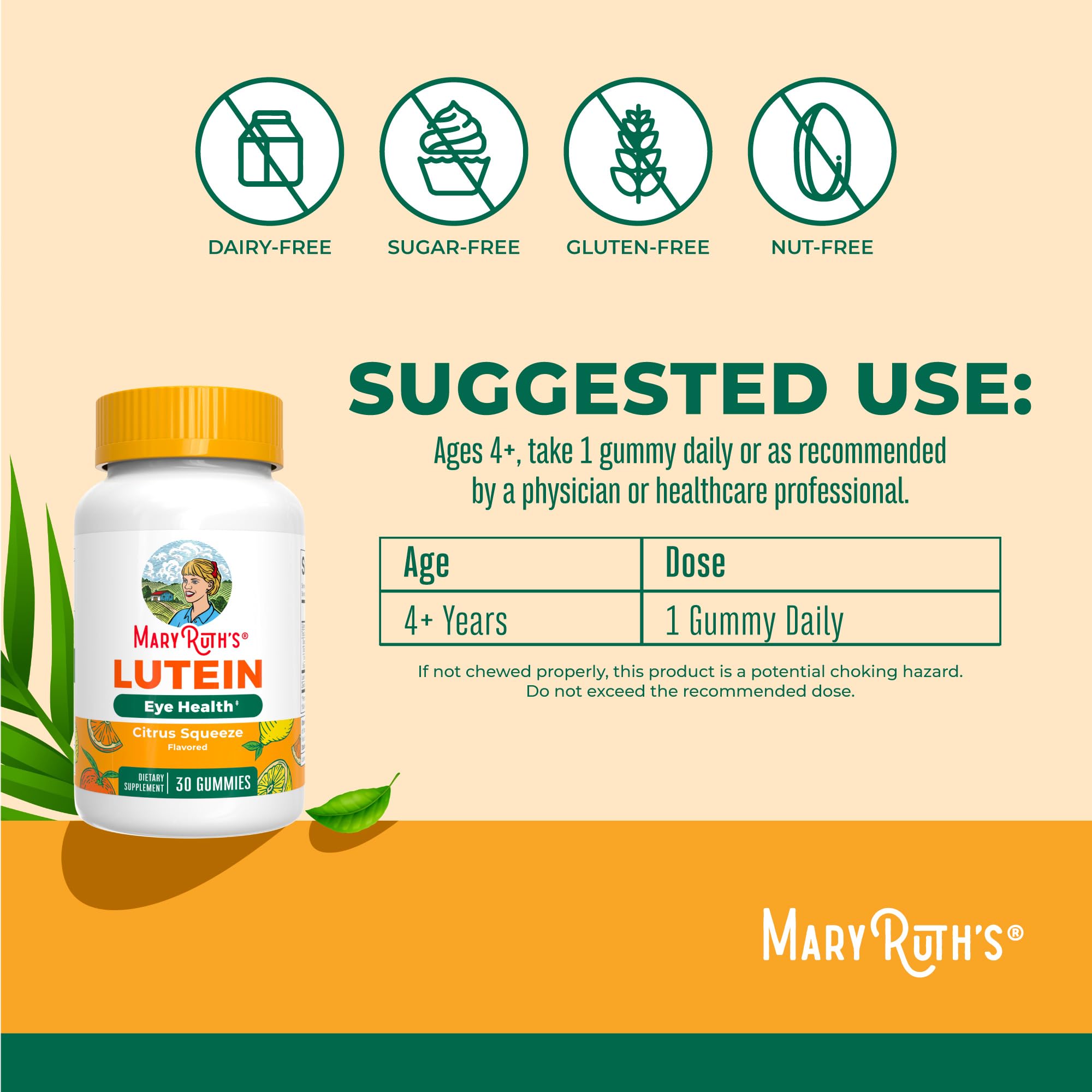 MaryRuth's Lutein Gummies vegan, non-GMO packaging on a clean shelf for daily use.