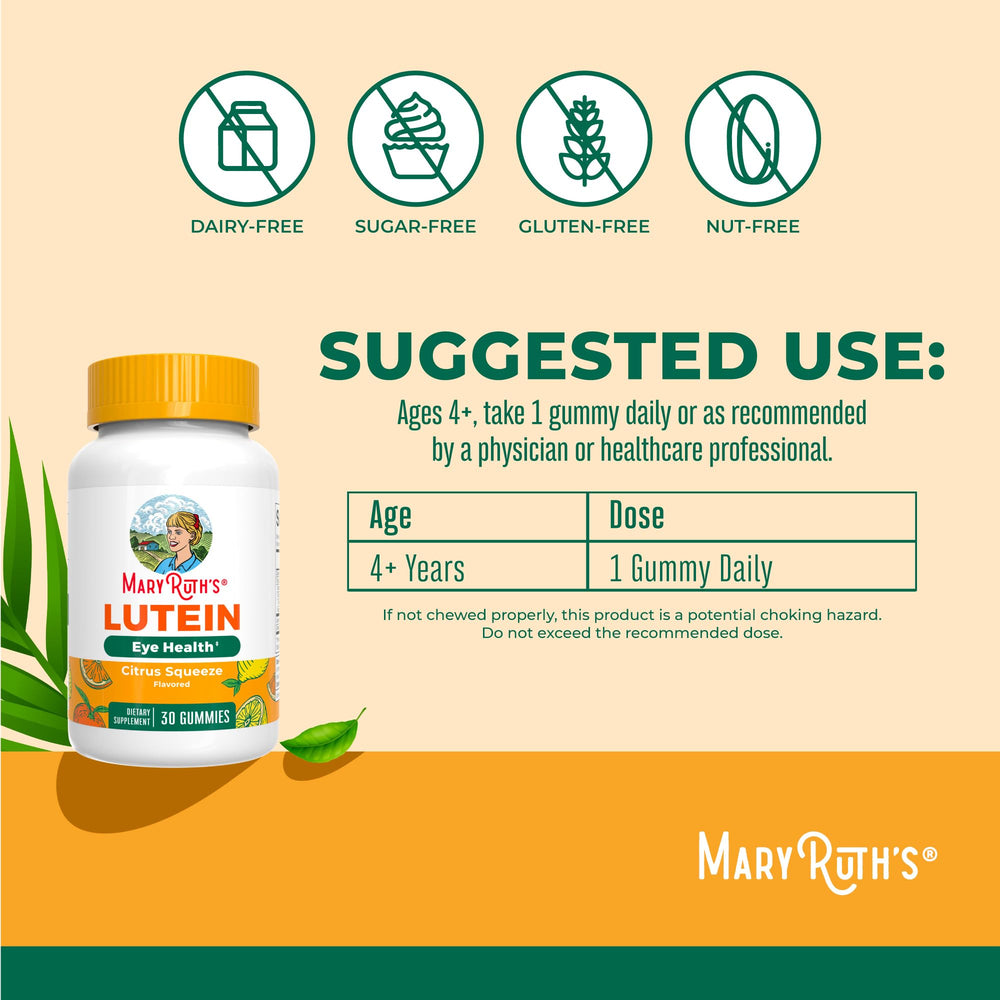 MaryRuth's Lutein Gummies vegan, non-GMO packaging on a clean shelf for daily use.