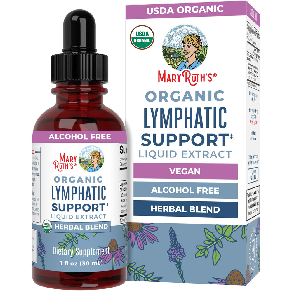MaryRuth's Lymphatic Support bottle showcases organic vegan drops for daily wellness and comfort.