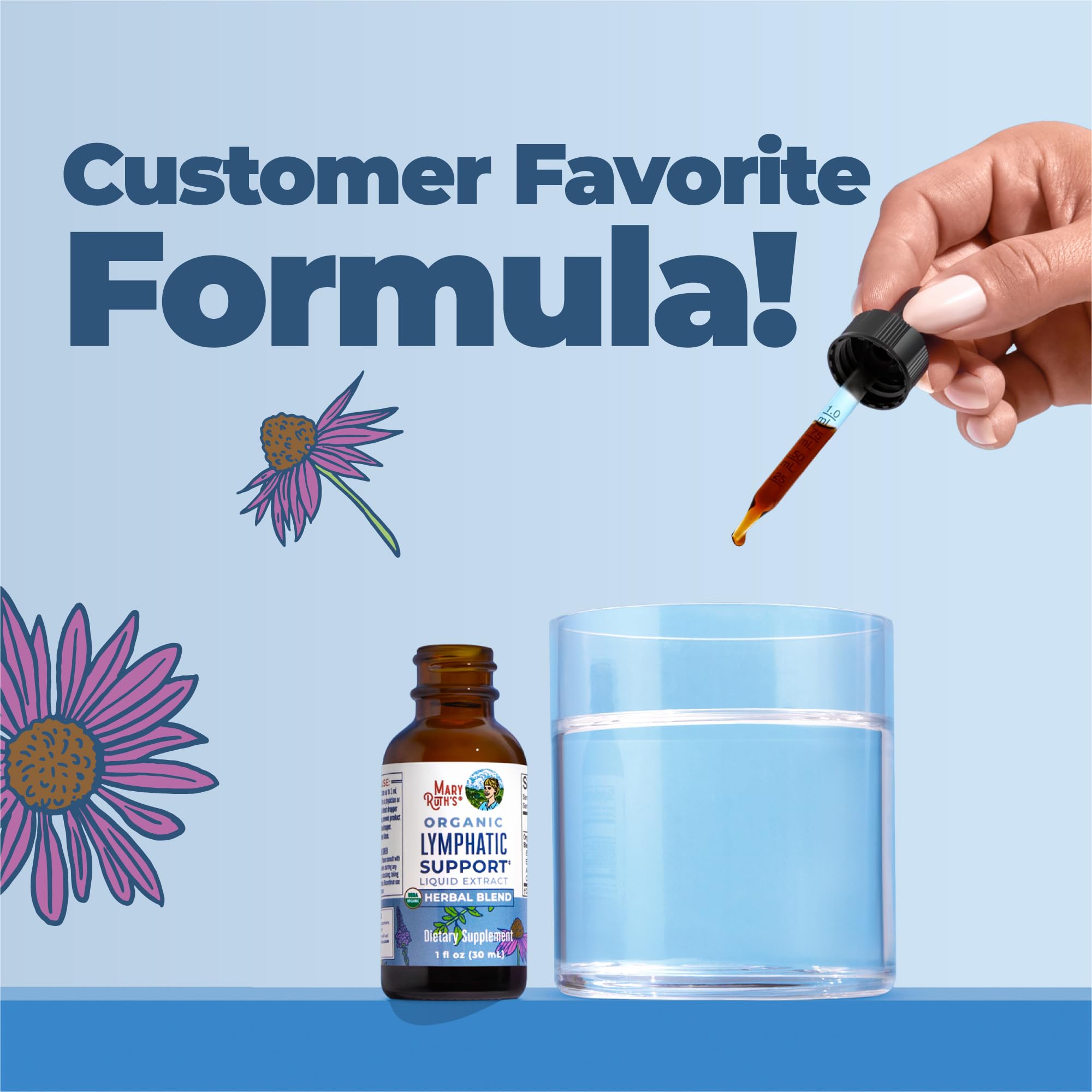 MaryRuth's organic formula ingredient panel emphasizing echinacea and elderberry for versatile use.