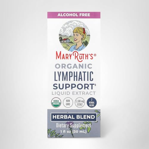 MaryRuth's Lymphatic Support packaging and dropper highlighting alcohol-free formula.