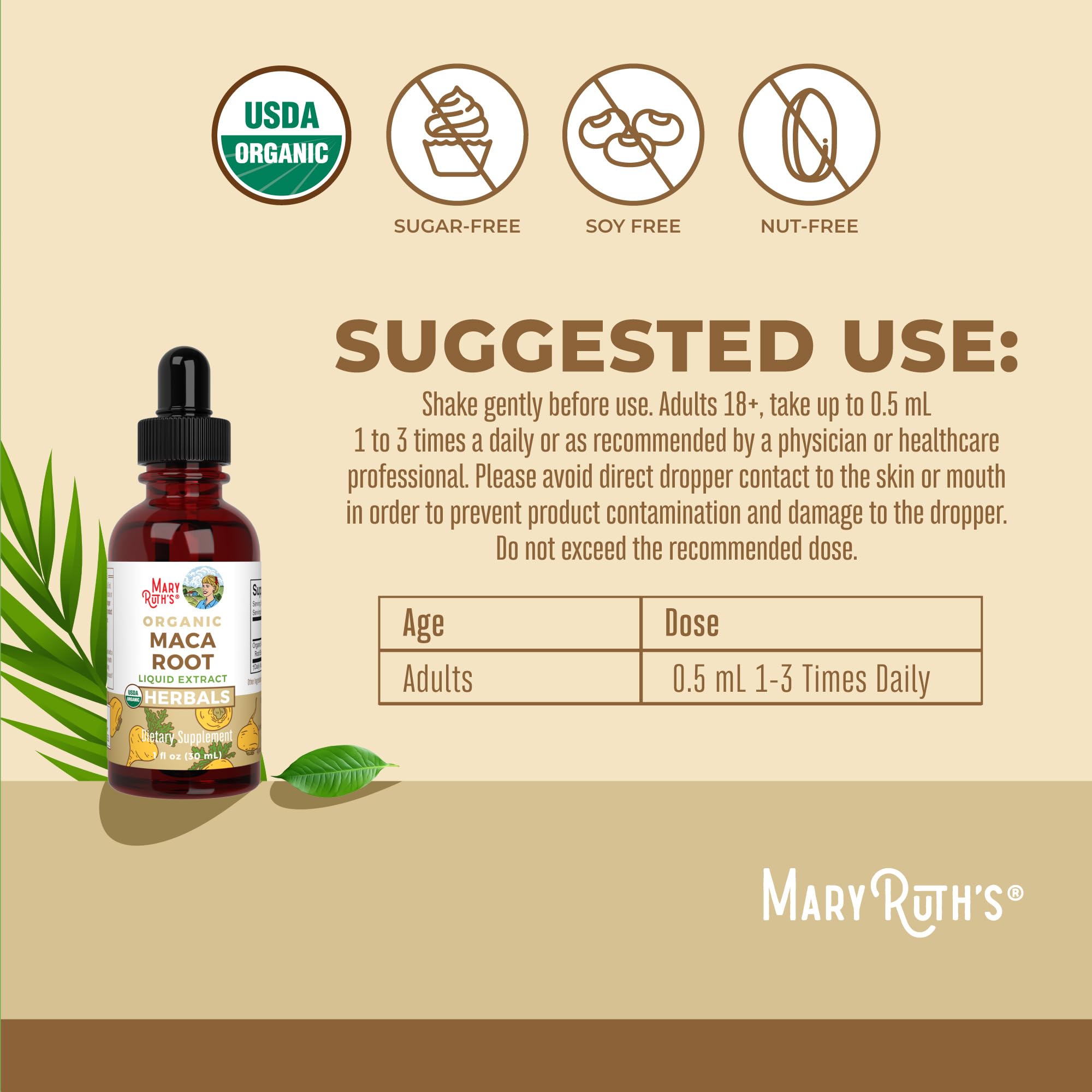 Closeup of the label on MARYRUTH'S Maca Root Liquid Drops highlights organic vegan formula