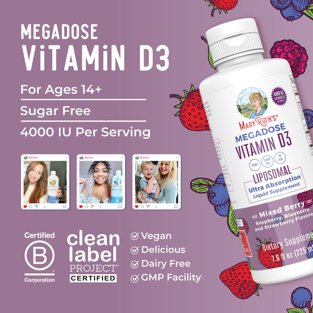 MaryRuth's Megadose D3 Liposomal B Corp Certified badge signals ethical production.