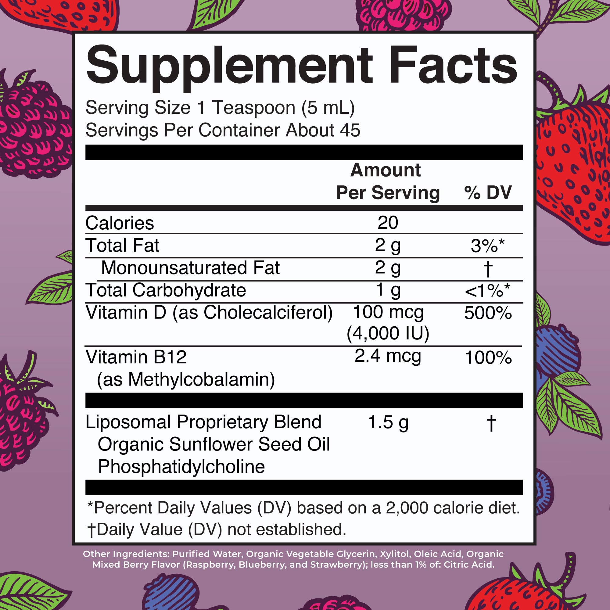 MaryRuth's Megadose D3 Liposomal bottle label shows vegan D3 sourced from lichen.