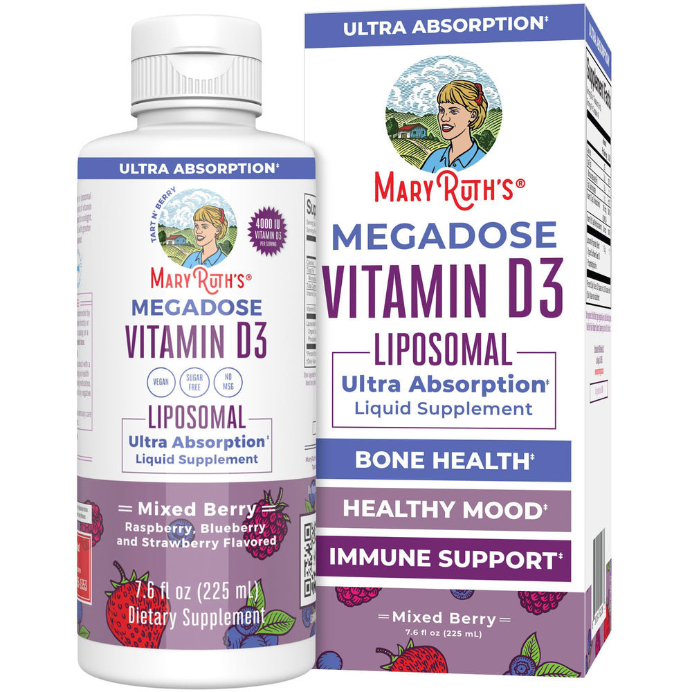 MaryRuth's Megadose D3 Liposomal bottle pour highlights easy dosing and ultra absorption.