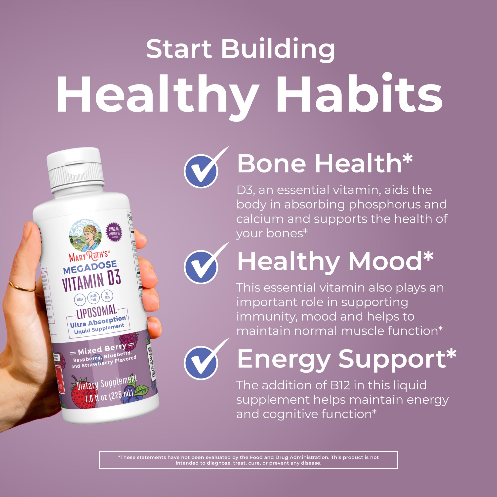 MaryRuth's Megadose D3 Liposomal ingredient list notes vegan, non-GMO formula.