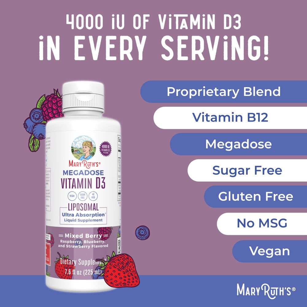 MaryRuth's Megadose D3 Liposomal packaging communicates dairy-free and gluten-free options.