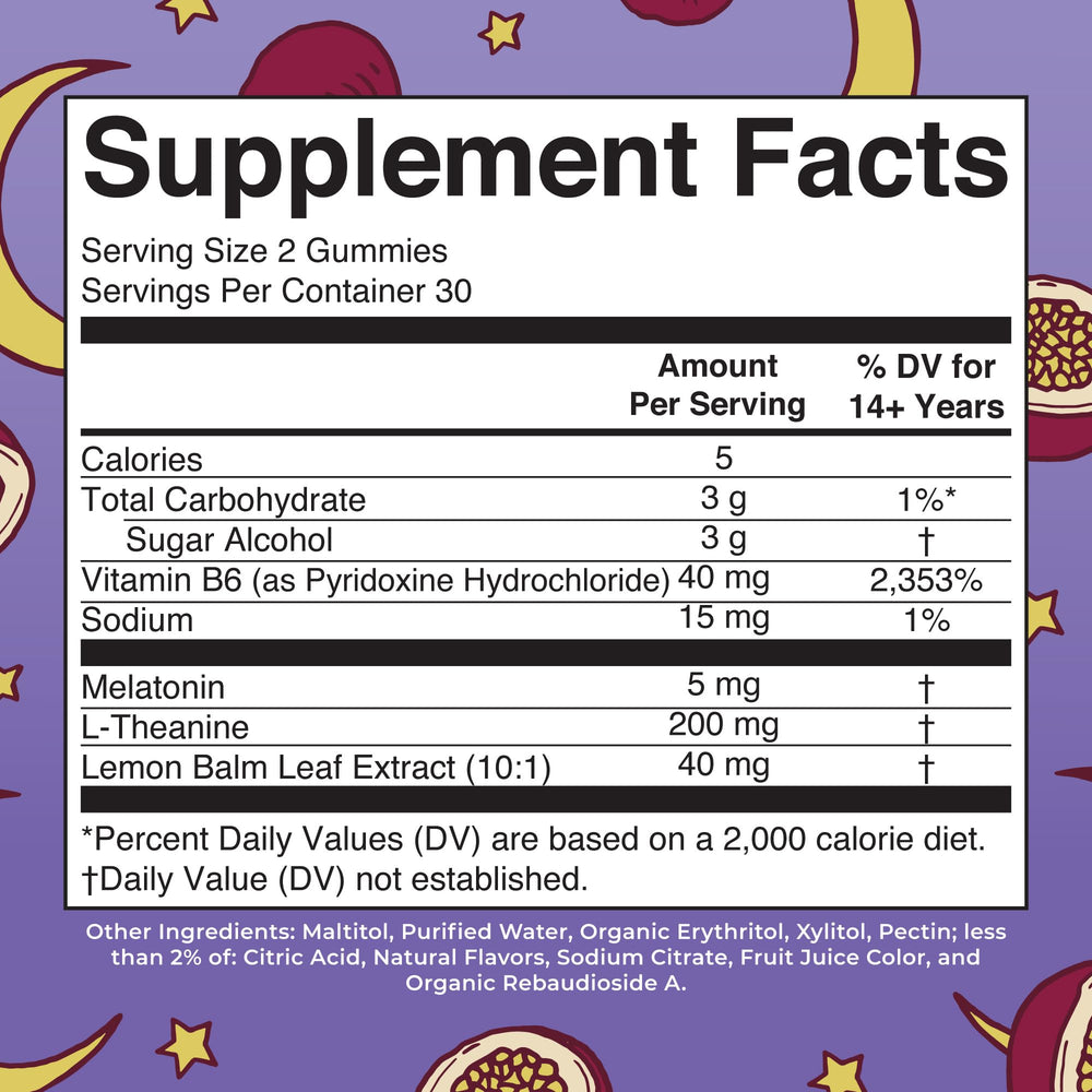 MARYRUTH'S melatonin sleep gummies bottle close-up showing lemon balm and L-Theanine
