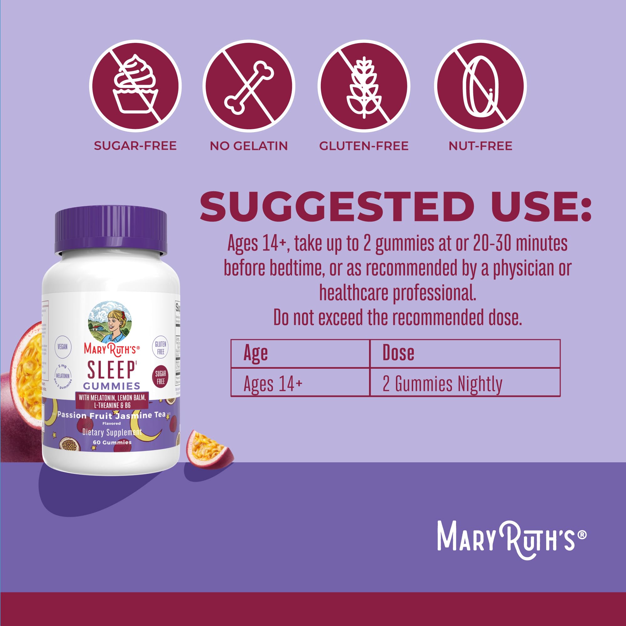 MARYRUTH'S melatonin sleep gummies in bottle image highlighting sugar-free vegan formula