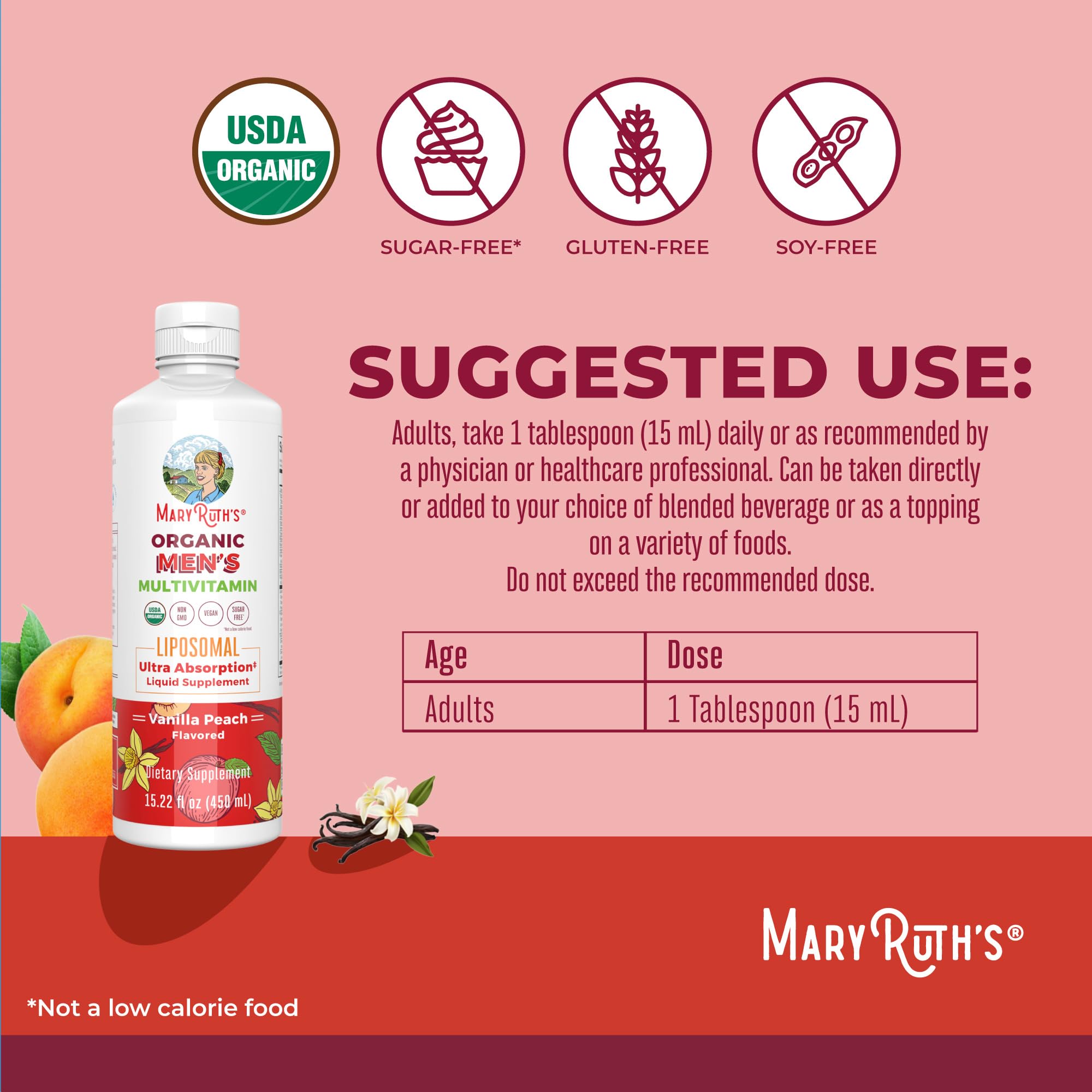 MaryRuth's Men Multivitamin label closeup highlights vegan, non-GMO attributes.