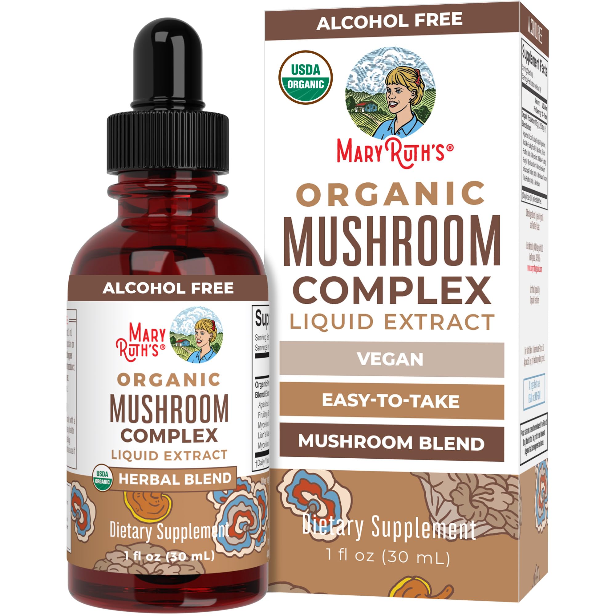 MARYRUTH'S Mushroom Complex bottle pour shows easy, alcohol-free dosing and a clean dropper