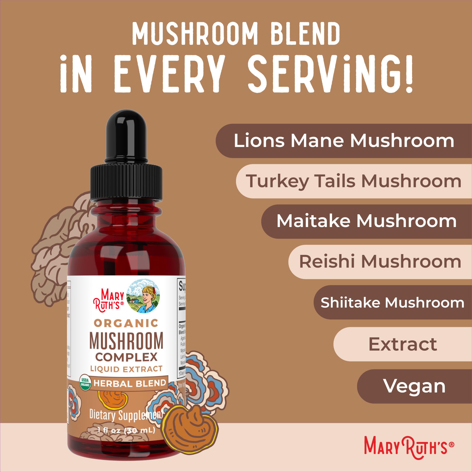 MARYRUTH'S Mushroom Complex bottle with dropper enables precise servings