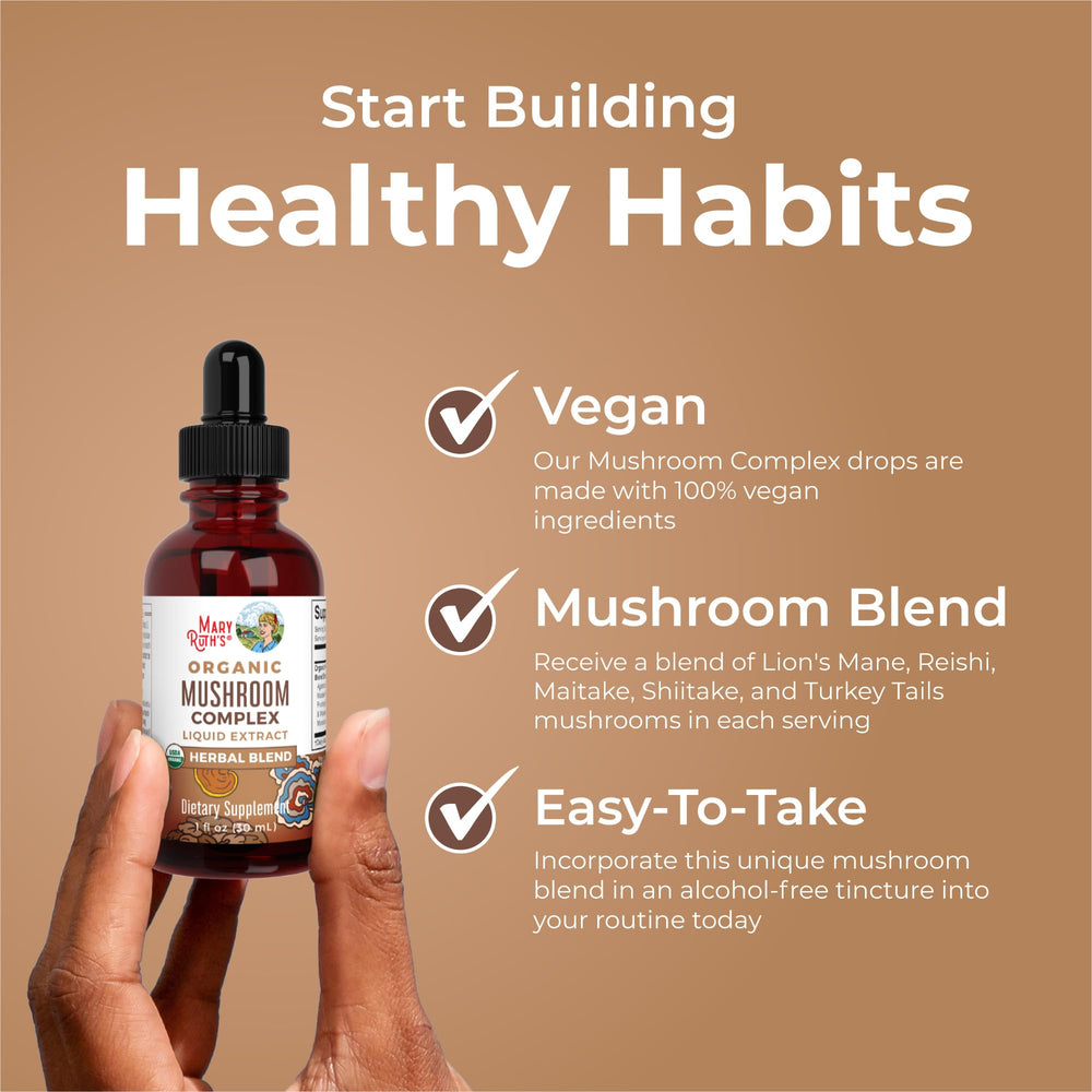 MARYRUTH'S Mushroom Complex ingredients list showcases six mushroom varieties