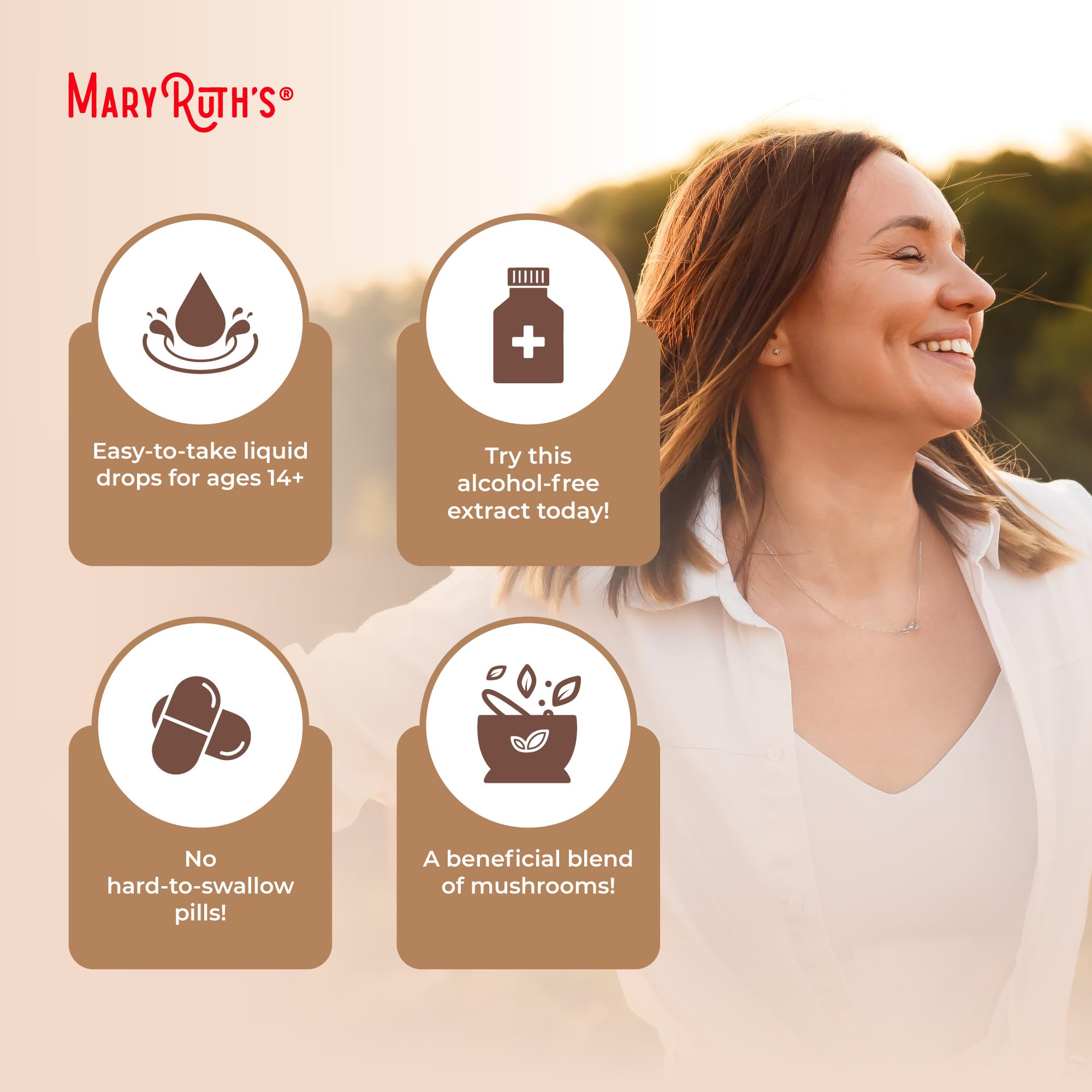 MARYRUTH'S Mushroom Complex organic packaging emphasizes quality and sustainability