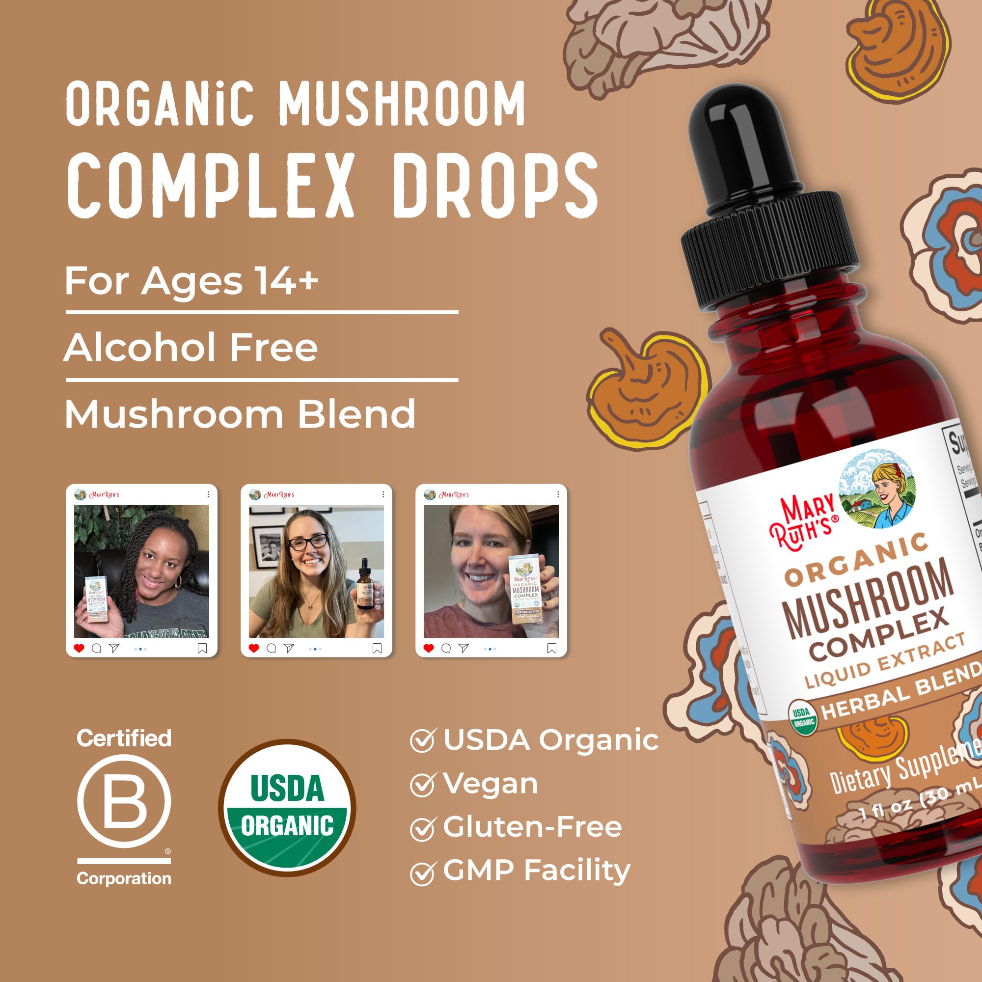 MARYRUTH'S Mushroom Complex vegan formula suitable for plant-based routines