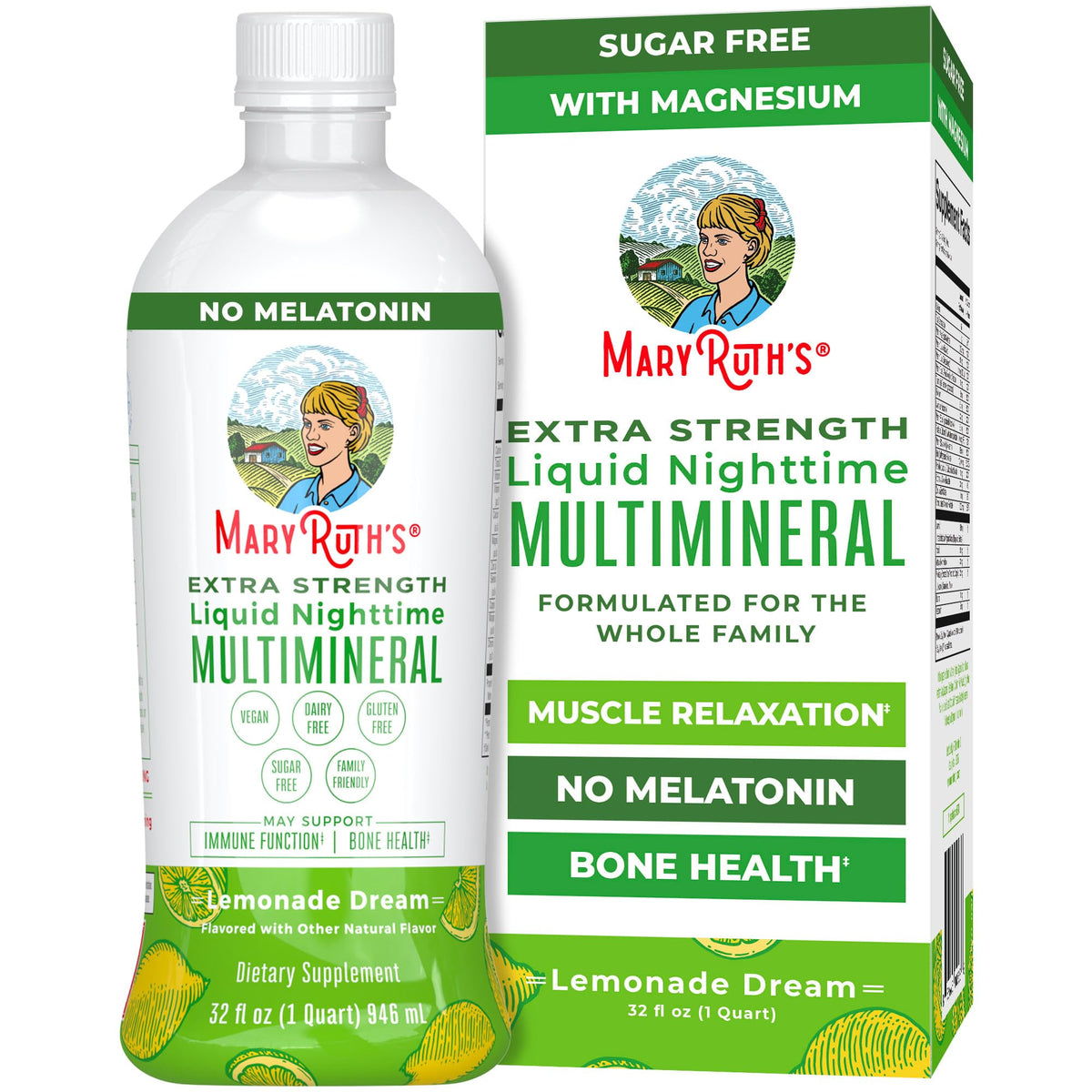 MaryRuth's Nighttime Multimineral bottle with sugar-free, melatonin-free formula for calm nights.