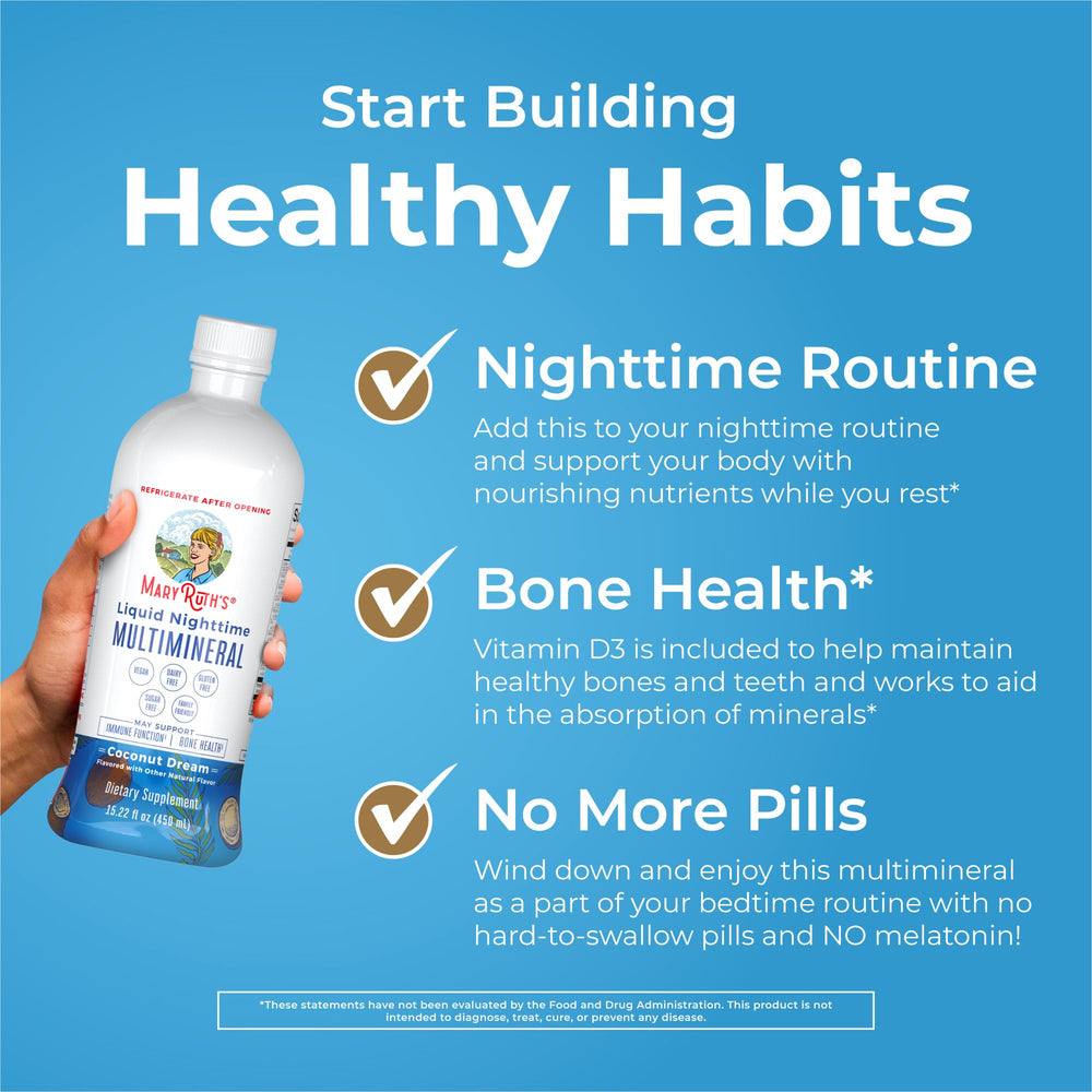 MaryRuth's Nighttime Multimineral label highlights GMP facility quality and clean ingredients.