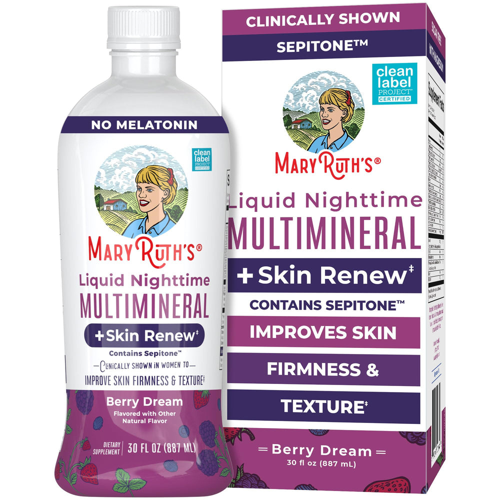 MaryRuth's Nighttime Multimineral bottle pour for an easy nightly skin renewal ritual.