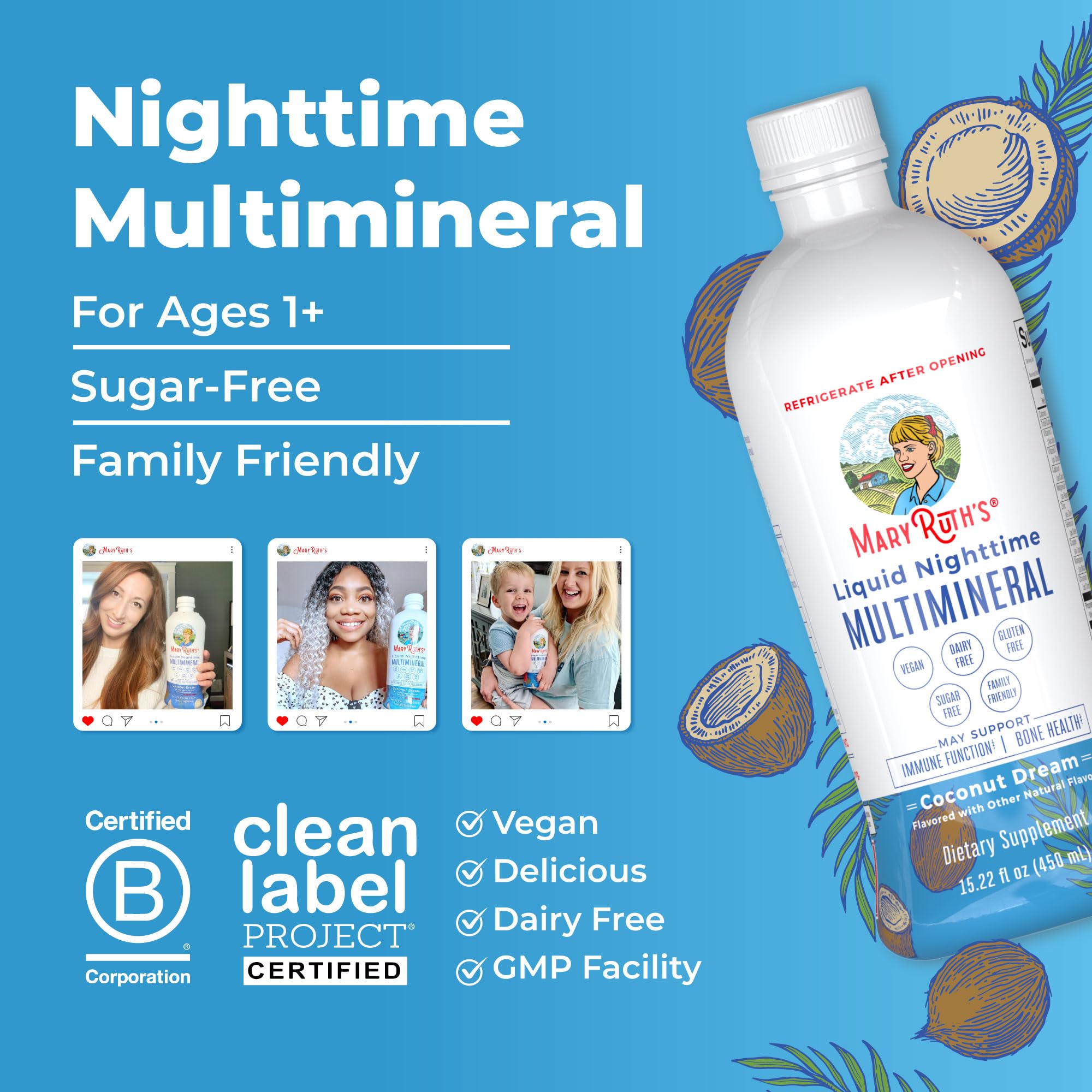 MaryRuth's Nighttime Multimineral vitamin D3 icon emphasizes essential nutrient support.