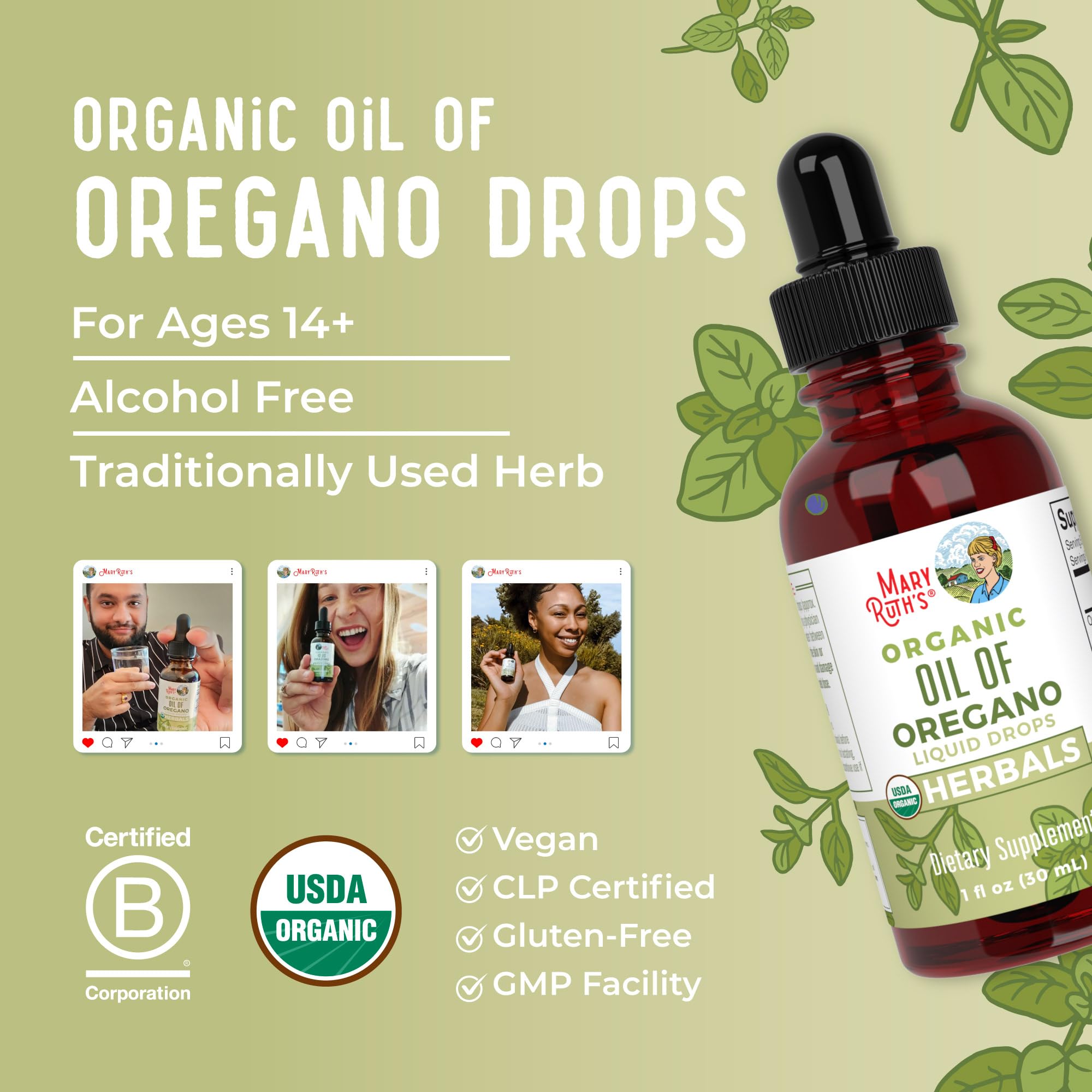 MaryRuth's Oregano Oil Drops ingredients panel noting allergen-free formulation