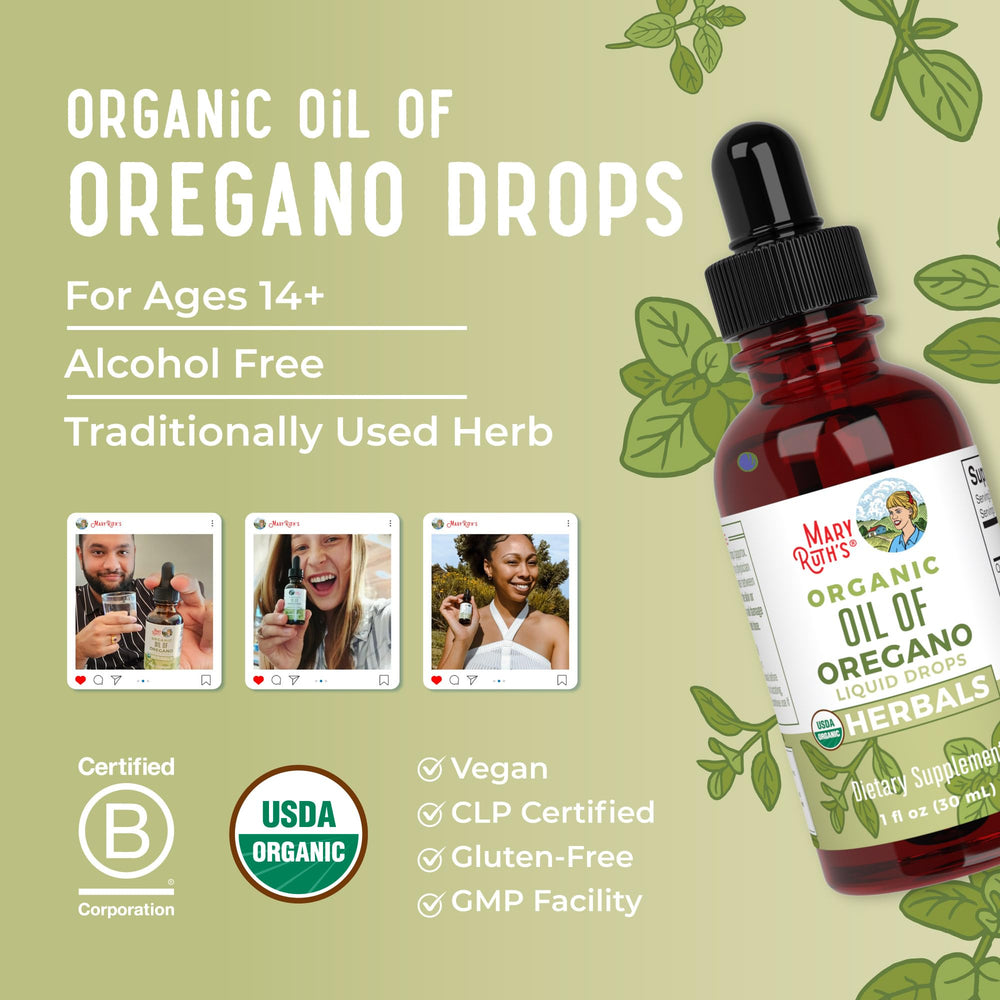 MaryRuth's Oregano Oil Drops ingredients panel noting allergen-free formulation